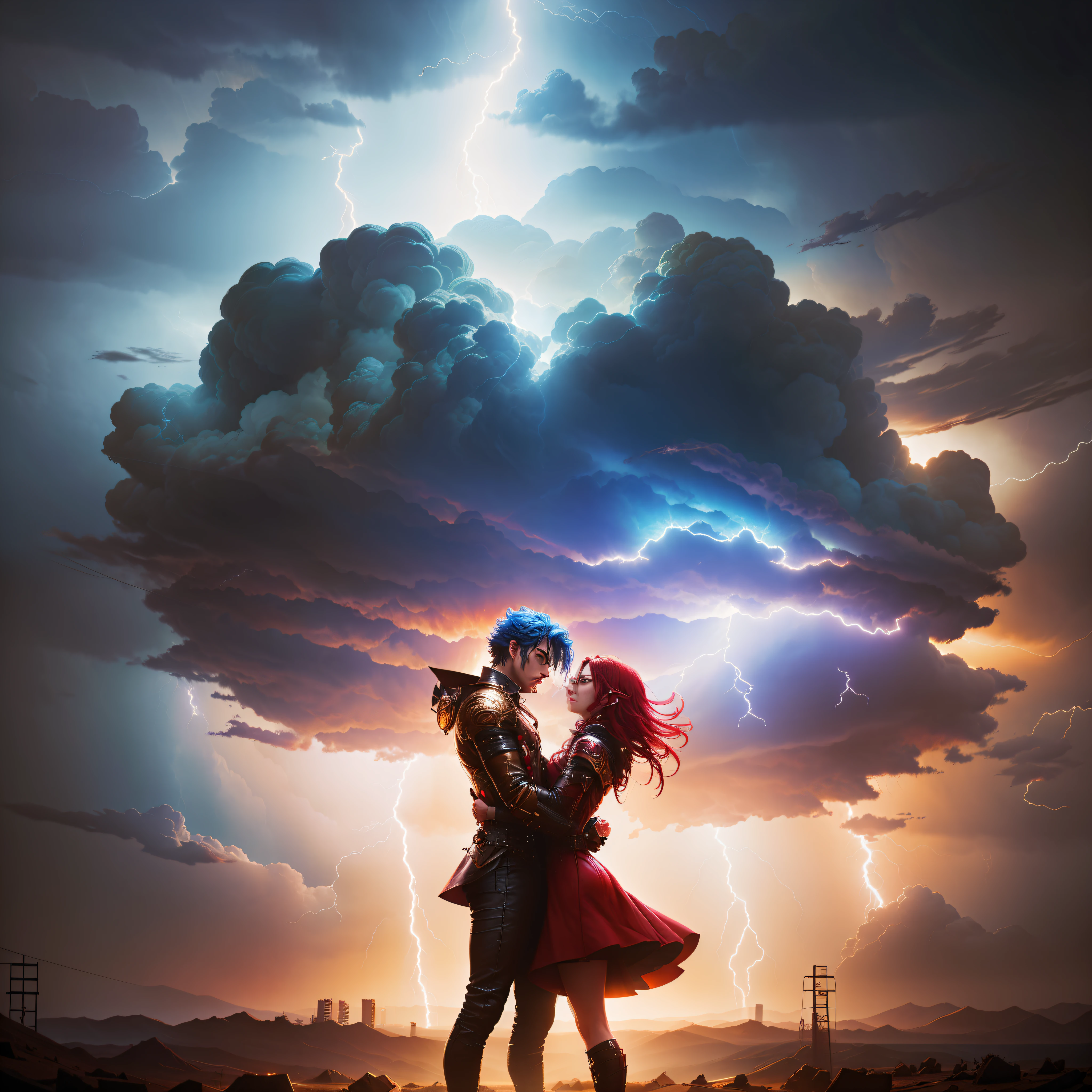 there is a man and woman standing under a lightning storm, epic clouds and lighting, cinematic lightning and colors, epic clouds and godlike lighting, magic and lightning, surreal dramatic lighting, Detailed lighting and thunder, epic dramatic lighting, cloud and thunder, cinematic lightening, vivid cinematic lightning, cinematic photograph concept art, red and cinematic lighting, magic storm and thunder clouds