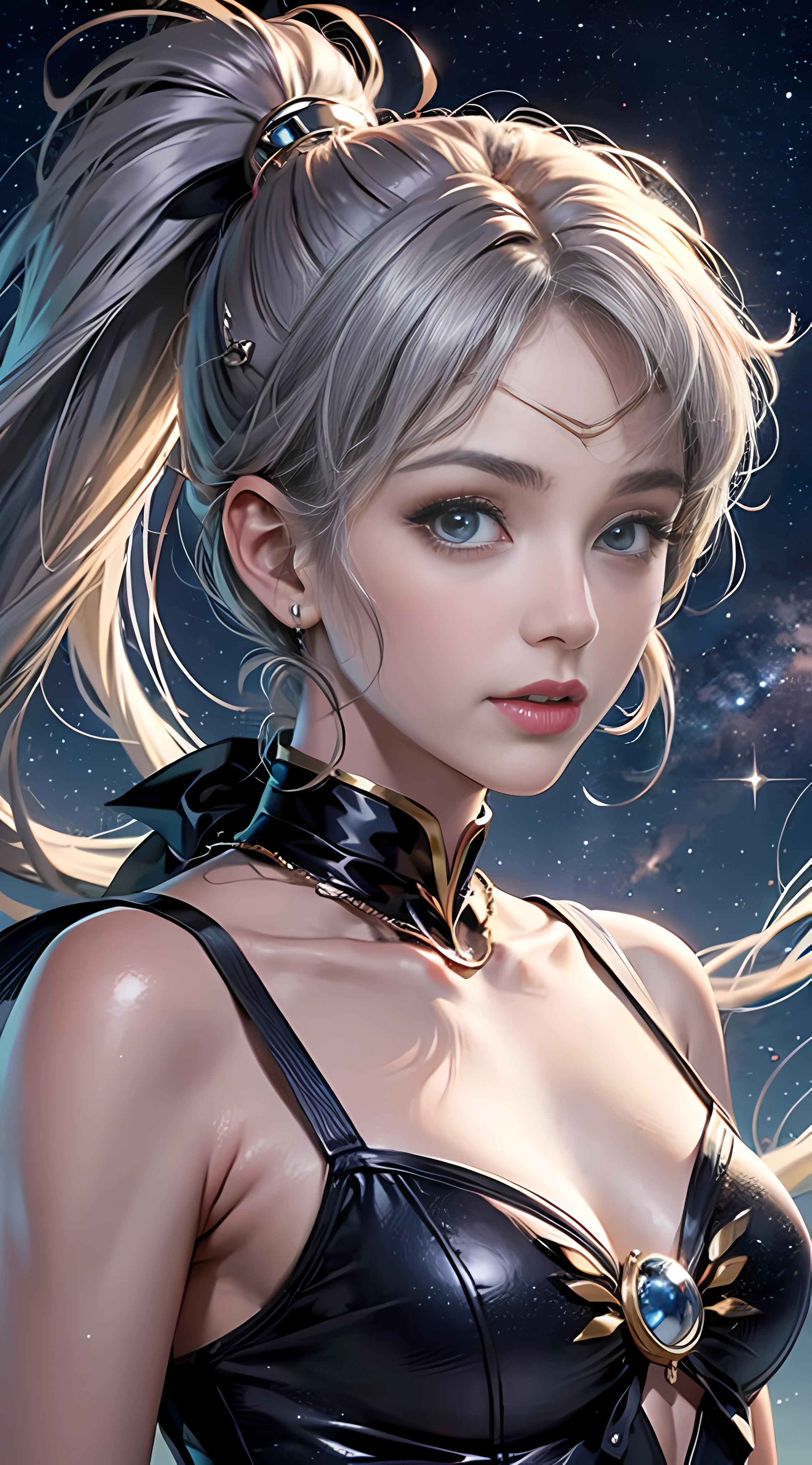 super alta qualidade,8k,Sailor Moon,The skin is fair,Silver-gray double ponytail,Sailor suit,sun is shining,Different actions,Vast starry sky in the background