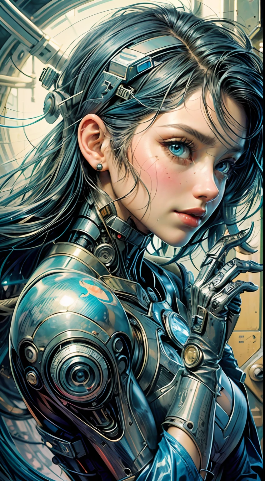 painting of a cyborg woman with a blue hair and a flower in her hair with cyber arms de costas, artgerm and james jean, anna dittmann alberto vargas, in style of anna dittmann, beautiful retro art, a beautiful artwork illustration, inspired by James Jean, james jean and wlop, james jean soft light 4 k, james jean soft light 4k, beautiful digital artwork