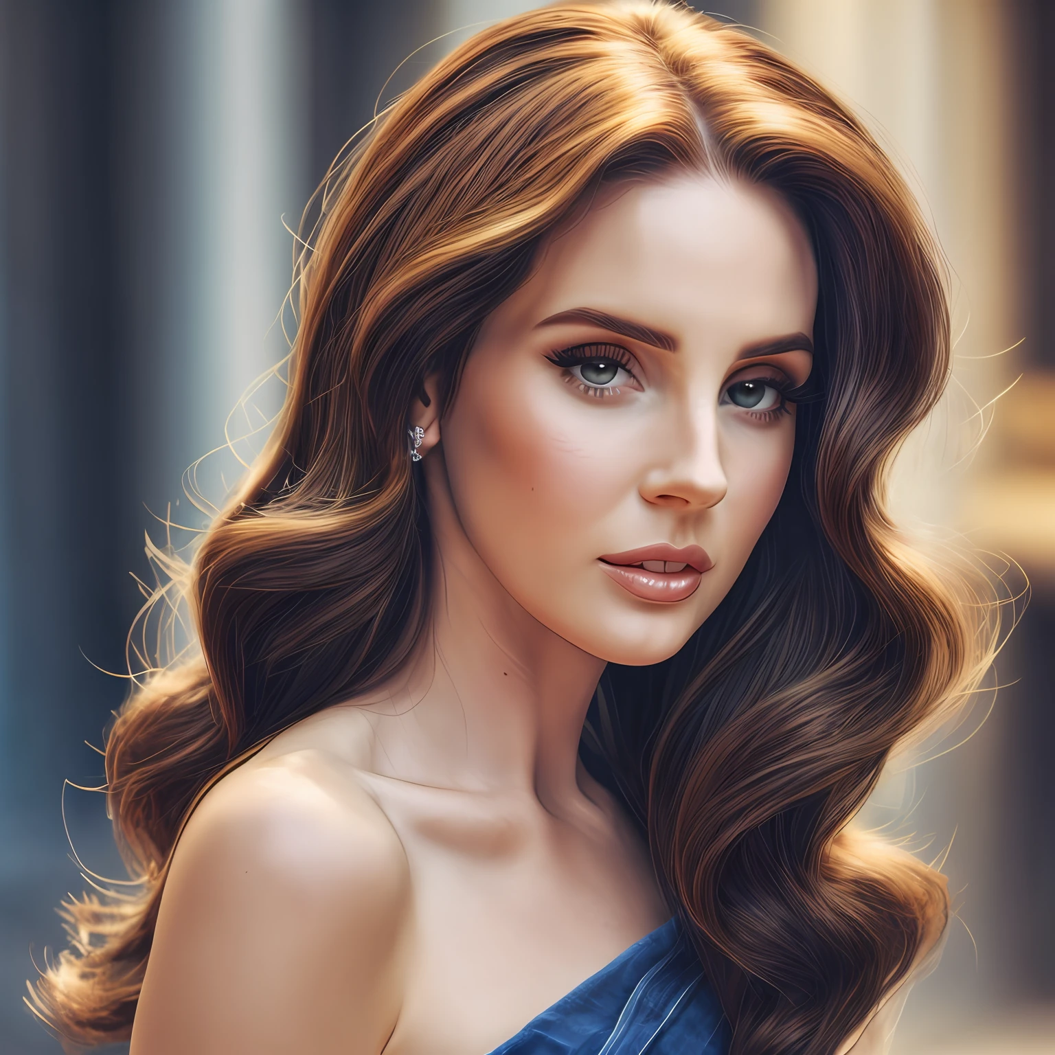 Mulher, Cabelos longos e castanhos escuros, penteado ondulado, Olhos grandes e expressivos, Parecida com a Lana del rey, , batom vermelho --auto