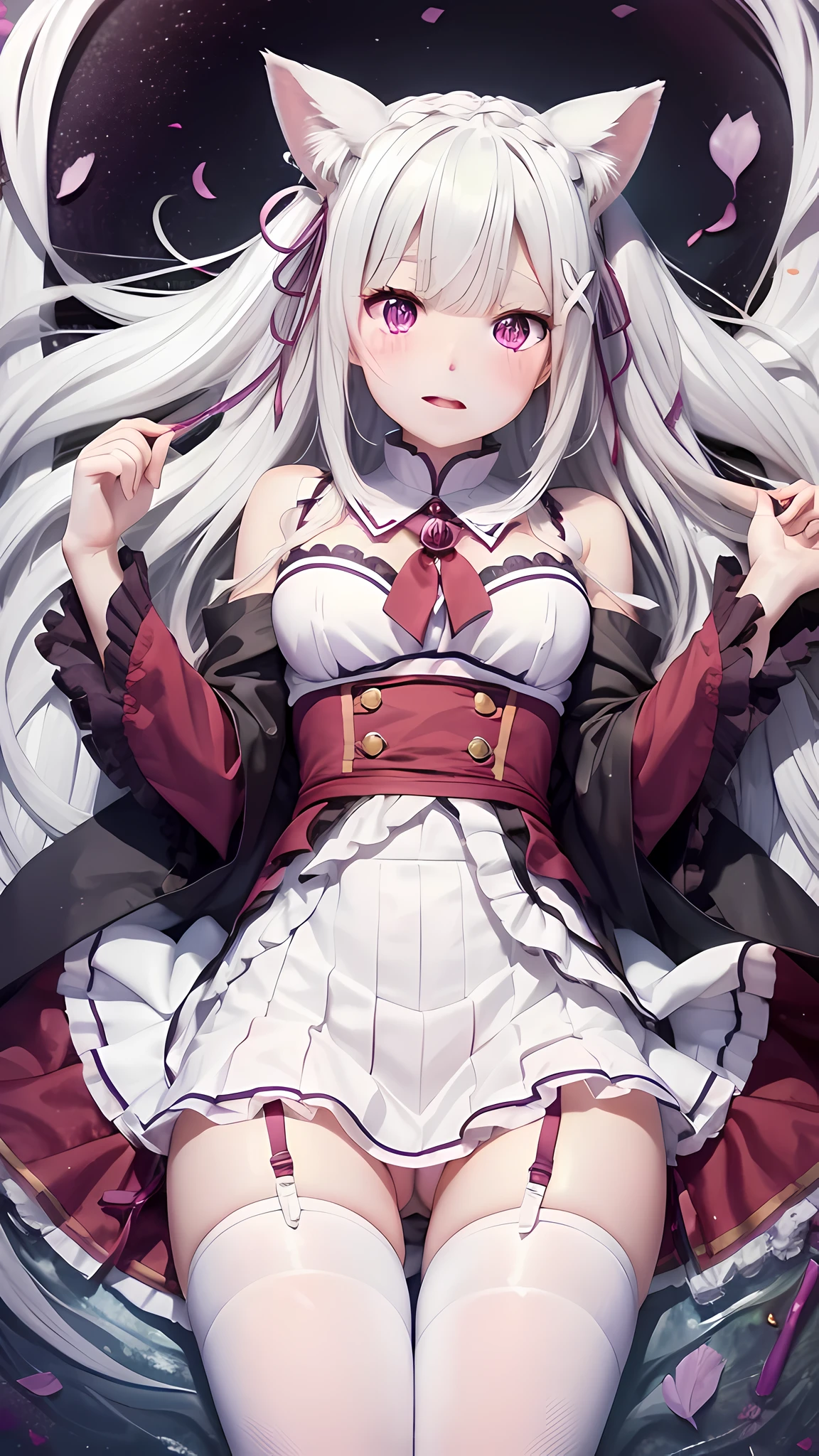 Long head with white hair, cute, red eyes, low cat ears, blushing, vaginal water, making sounds, panting, loli, white stockings, skirt pulled up, leaking out of the lower body