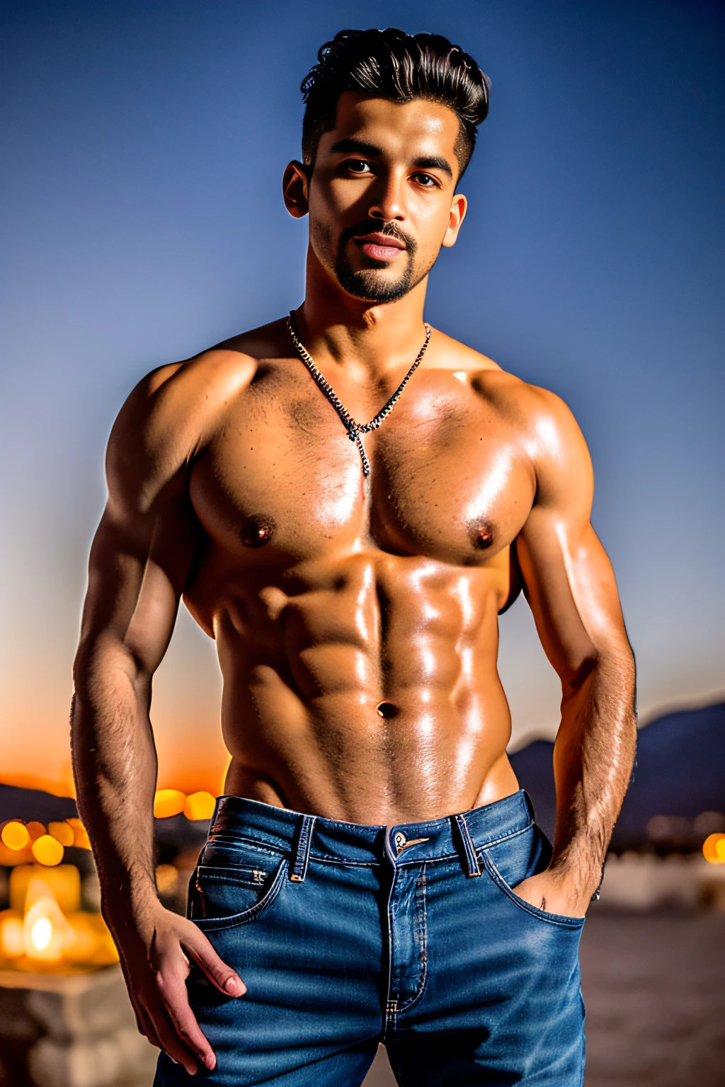 (Portrait of Moroccan guy), muscles, dimples, steamy, tearing off shirt, ripped holy jeans, sexy, alluring, gorgeous eyes, smiling, opalescent, Photoluminescence, fantasy, clear, Cinematic RAW photo, hyper real photo, ultrarealistic, dslr, soft lighting, high quality, reflections, photo, (sparkling) splashing rainbows, glistening, (iridescent), glimmering, sweaty body, dripping, (secret treasure in it), misty, mystical, enchanting, glittering, (masterpiece) (best quality) (detailed) (8k) (HDR) (cinematic lighting) (sharp focus) (intricate), many lights on rocks, dreamlike male, fluorescent fungi, impressive fantasy man, bioluminescent, epic and stunning, magical environment, celestial, candles, romantic, veins, ((Ouarzazate in background)), (chefchaouen), 1 man, (((clear straight even bright eyes))), (((man has short hair))), flowing, glistening, kaftan, hoodie, riad fountain, glimmering, sweating, melting, shimmering, (masterpiece) (best quality) (detailed) (8k) (HDR) (wallpaper) (cinematic lighting) (sharp focus) (intricate), exotic lights, Moroccan candles, sunrays, ((riad pool in background)), Ouzoud waterfalls, sand, palm trees, opalescent, glowing desert flowers, Fujifilm XT3, photographed on a Kodak Retina II Sanyo Xacti VPC-CA6, 50mm lens, HDR, hyper-realistic, colorgraded