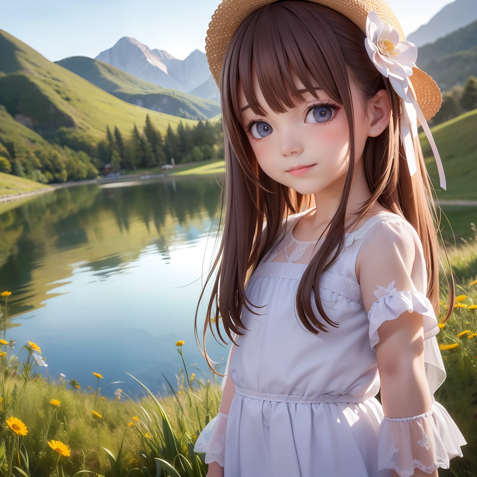 ((6year old girl:1.5)), 1 girl, loli, petite girl, complete ???????, whole body, children's body, child, super cute, girl, little girl, beautiful girl, beautiful shining body, bangs,brown hair,high eyes,(aquamarine eyess), drooping eyes, petite,tall eyes, beautiful girl with fine details, Beautiful and delicate eyes, detailed face, Beautiful eyes, beautiful shining body, Smiles, happiness, 

Whole body angle, Alps, Shepherd's daughter, mountain girl, outdoor, alpine meadow,

natural light,((realism: 1.2)), dynamic far view shot,cinematic lighting, perfect composition, by sumic.mic, ultra detailed, official art, masterpiece, (best quality:1.3), reflections, extremely detailed cg unity 8k wallpaper, detailed background, masterpiece, best quality, (masterpiece), (best quality:1.4), (ultra highres:1.2), (hyperrealistic:1.4), (photorealistic:1.2), best quality, high quality, highres, detail enhancement,
