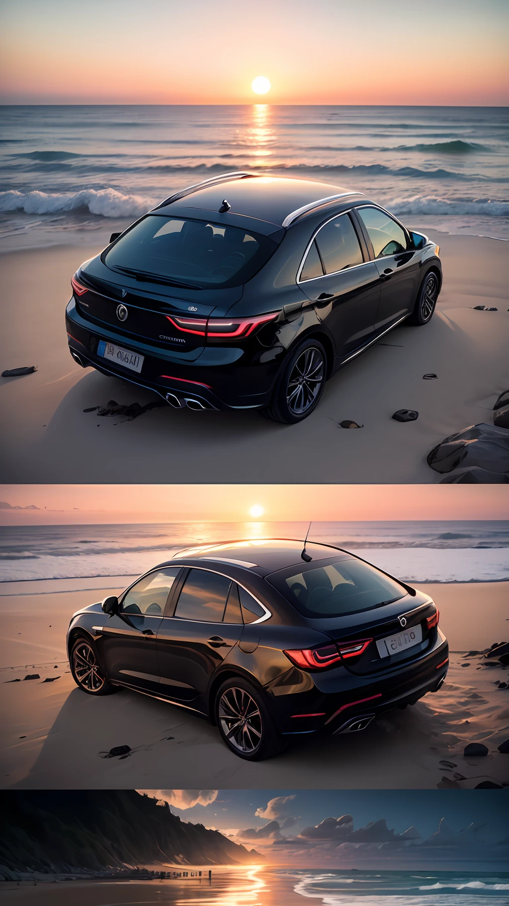 Carro de luxo, praia, por do sol, mulher peituda realista, dinheiro voando, galera reunida realista --auto