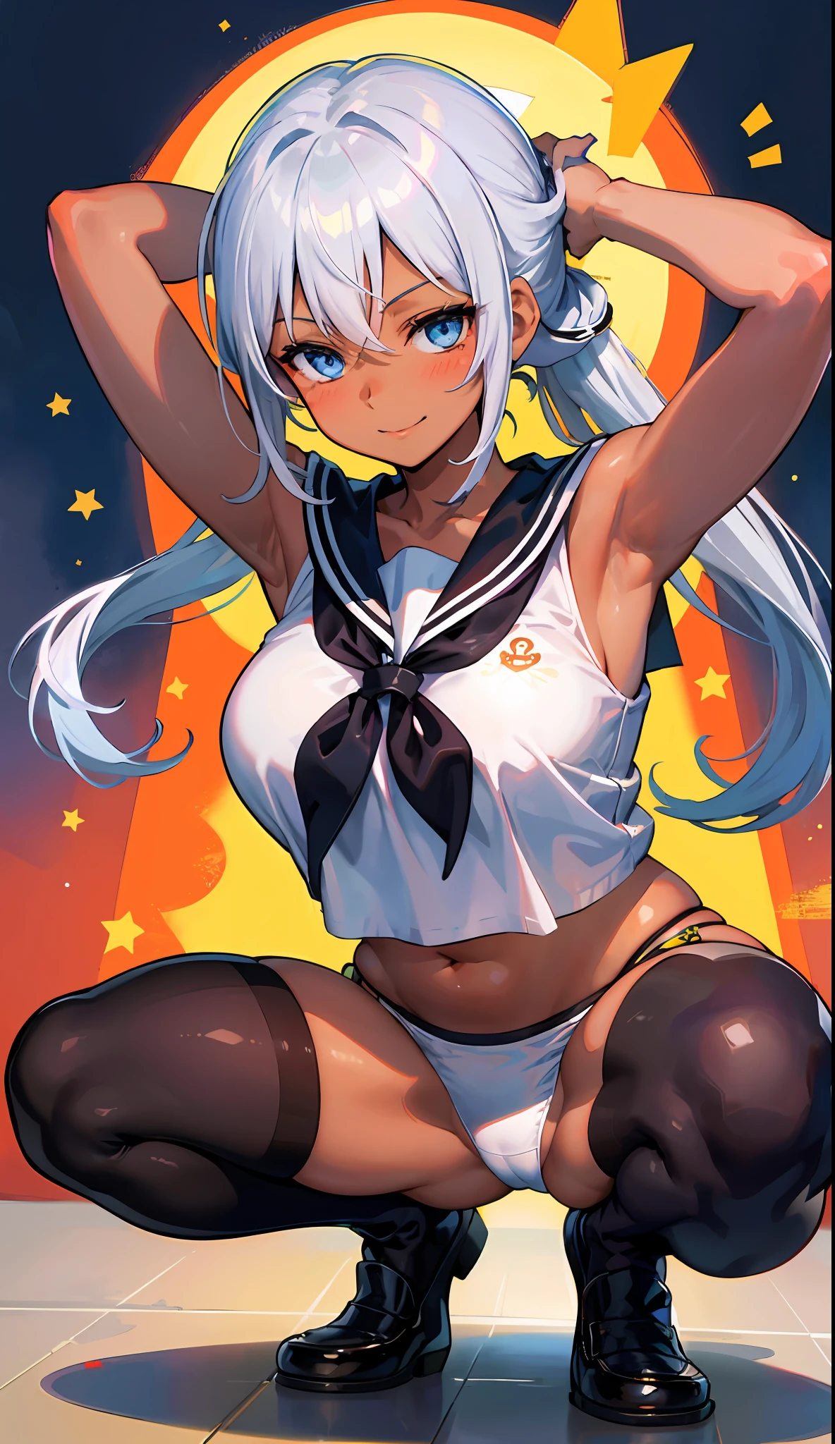 Girl in 1、masterspiece、Detailed beautiful face、Bright lighting、daytime、Detailed beautiful eyes、highly resolution、Ultra-fine illustration、extremelydelicateandbeautiful、beste Quality、The whole body is shown、Squatting、squattting、Open both knees、(熟女:1.2), 独奏, 30s、(Dark skinned:1.5), (silver-hair, ponie tail,Blue eyes),smile on face、Smiled face、Hair tied at the back、Curvaceous, (lustrous Some hair, gloss eyes, shinny skin), (shining skin:1.2), 、thights、arm behind head、Raise your arms、armpit、front facing、((sailor suits、onepiece)),Pichi Pichi clothes、enamel、ratex、Short skirt、a school uniform、The navel is visible、pelvis curtain、Armpits、smile on face、black thighhighs、Watch your audience、under-boobs、Black belly、Blushed、sweats、Jeweled、Parting lips、pantyhose、Blushing cheeks、tiptoes、loafers、schools