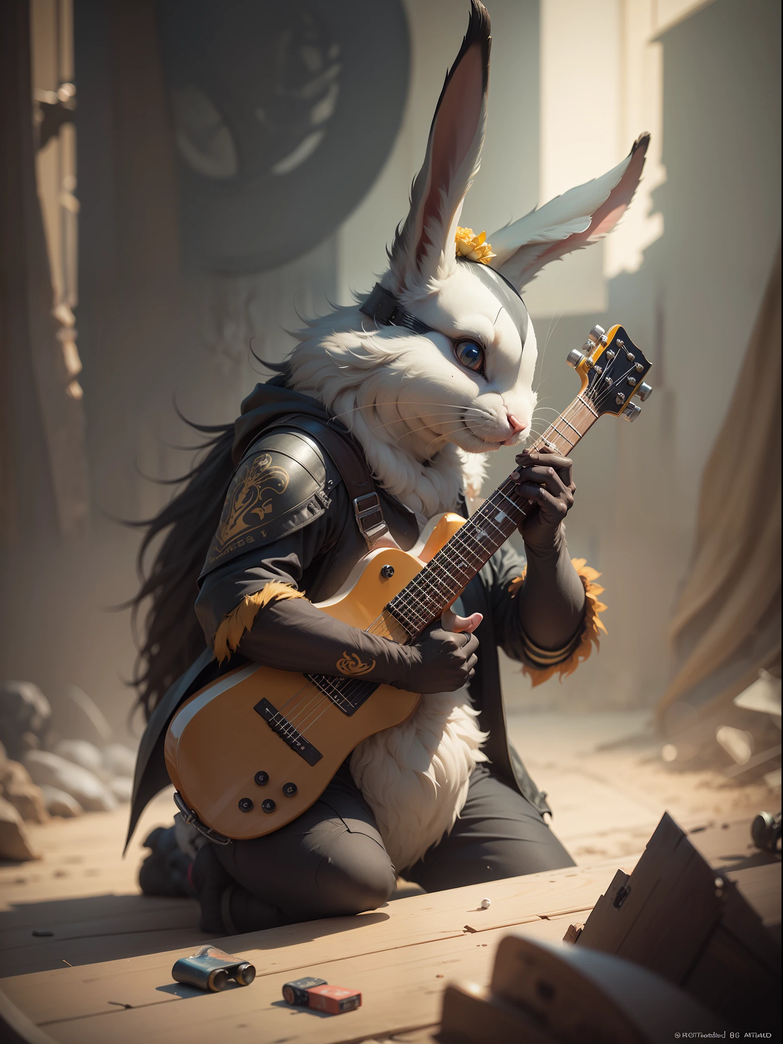 fantasy character anthropomorphic rabbit, skateboard, holding a carrot, skateboard competition, crowd cheering , bugs bunny, carrying a guitar, screens, digital Art, perfect composition, beautiful detailed intricate insanely detailed octane render trending on artstation, 8 k artistic photography, photorealistic concept art, soft natural volumetric cinematic perfect light, chiaroscuro, award - winning photograph, masterpiece, oil on canvas, raphael, caravaggio, greg rutkowski, beeple, beksinski, giger