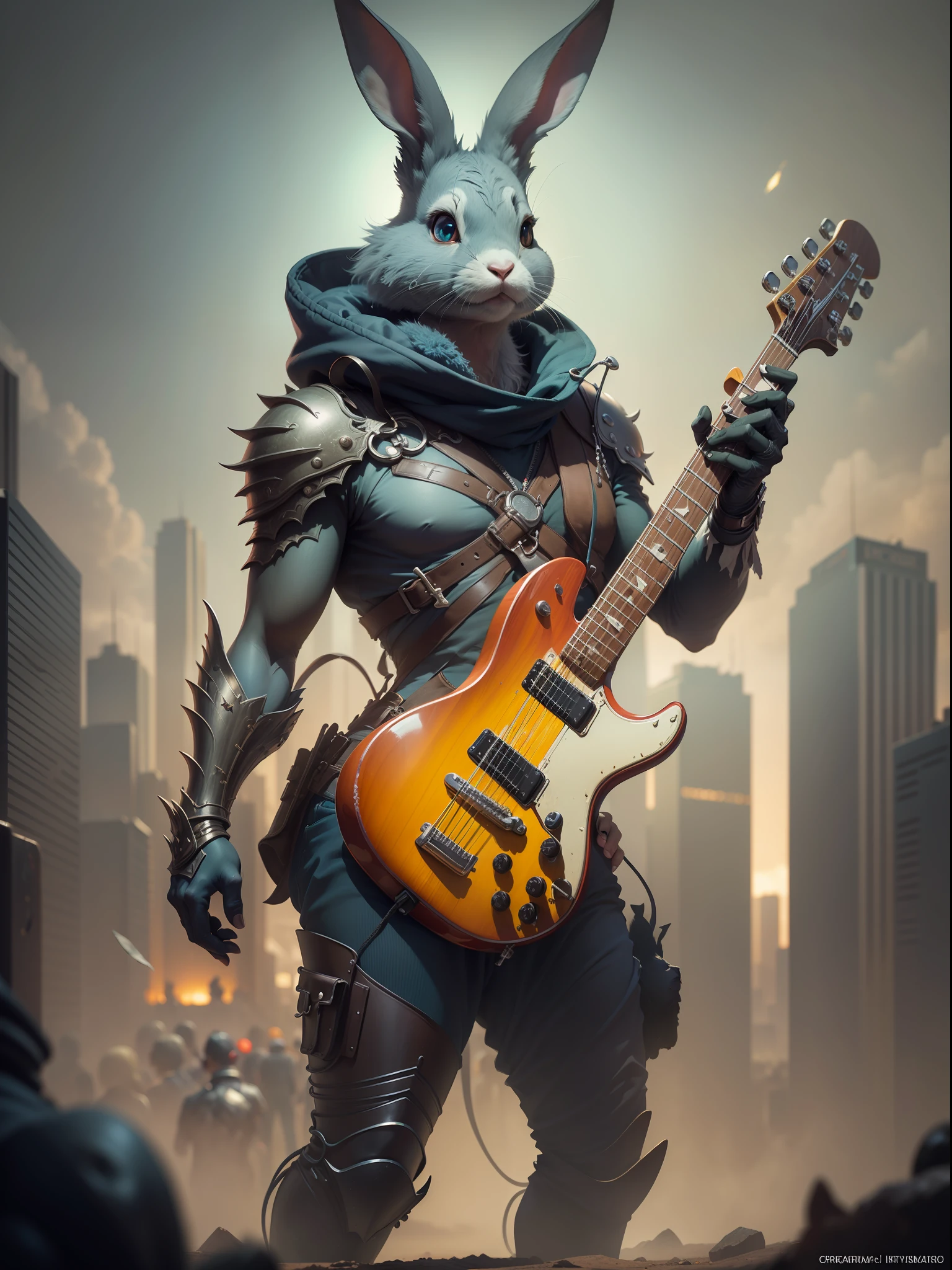 fantasy character anthropomorphic rabbit, skateboard, holding a carrot, skateboard competition, crowd cheering , bugs bunny, carrying a guitar, screens, digital Art, perfect composition, beautiful detailed intricate insanely detailed octane render trending on artstation, 8 k artistic photography, photorealistic concept art, soft natural volumetric cinematic perfect light, chiaroscuro, award - winning photograph, masterpiece, oil on canvas, raphael, caravaggio, greg rutkowski, beeple, beksinski, giger