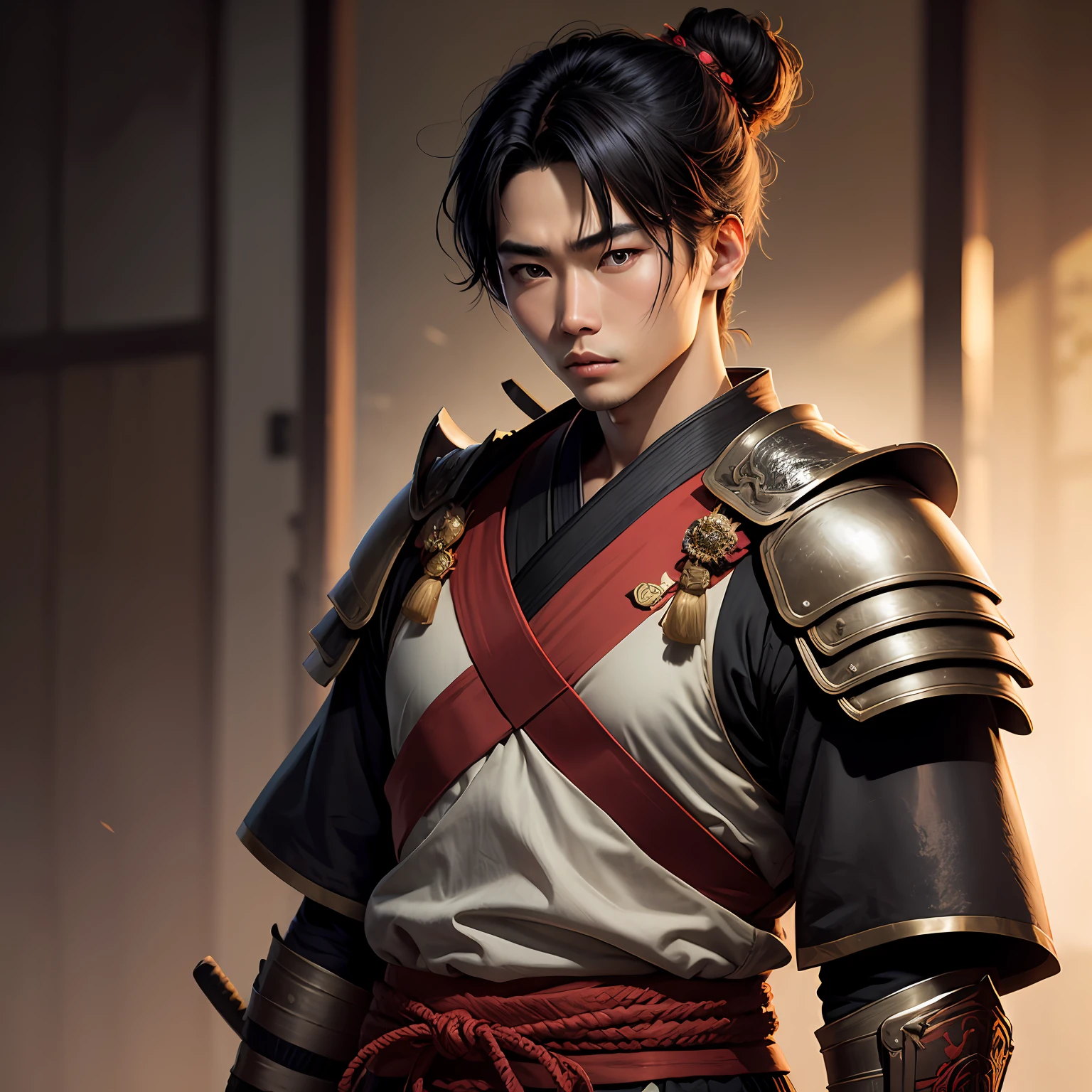 Semi realistic young Asian man with big hair stuck in a samurai bun wearing a ninja armor, Kento Yamazaki ,roupa preta com detalhes vermelhos, serious face, cabelo longo --auto