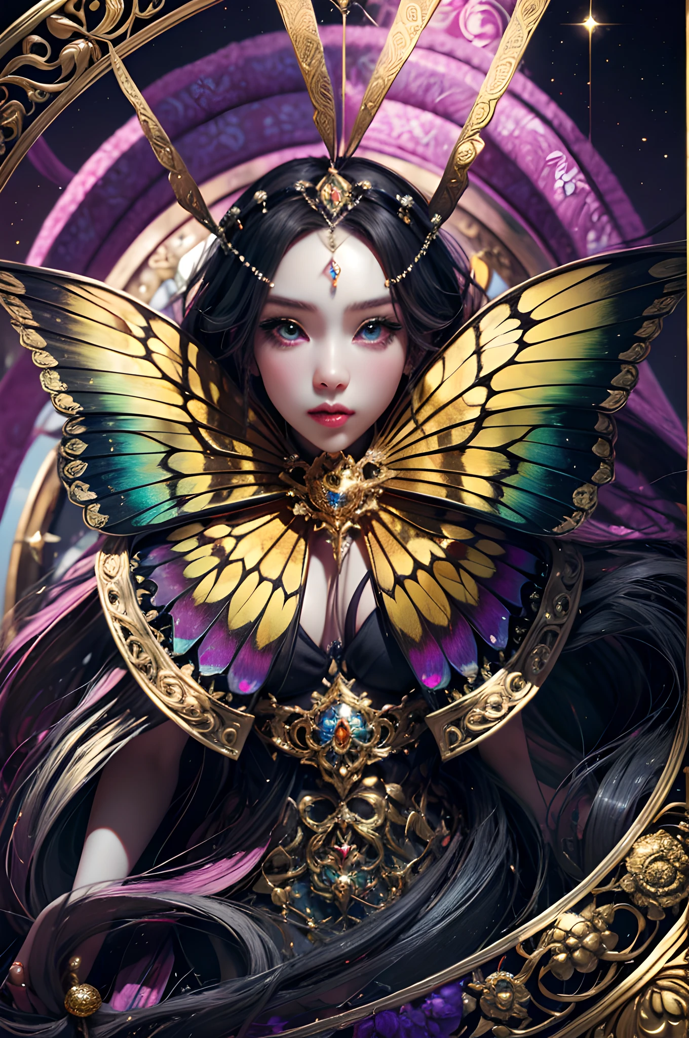 In the style of mythic fantasy and storybook fantasy, with many bright rainbow colors. Generate a mysterious fae queen with puffy lips and a wide mouth. She has a dark curls_hairstyle, side_swept_hair with a realistic texture. She has a realistic skin texture. She has 8k eyes, beautiful detailed eyes, realistically shaded eyes, and intricate detailed eyes. She has a highly detailed face. Her gossamer clothes are made of stunning french silk and beautiful polished, shimmering pearls. She is surrounded by many magical details and intricate celestial details. The artwork is very ornate, with small details and enhanced details. The artwork features phantasmal iridescence, bumps, and saturated colors as well as very detailed and gilded butterflies. The artwork features very detailed iridescent fantasy birds. The background should be interesting and relevant and octans, but the queen should be the focus of the frame. Lighting: Utilize innovative and beautiful lighting techniques including subsurface scattering, ambient lighting, and studio lighting that emphasizes fantasy details. Camera: She is the center of the frame. Utilize dynamic composition to create an exciting artwork with a lot of action and visual interest. Include mysterious ribbon, mysterious magic, and rays of shimmer. intricate, elegant, highly detailed, majestic, digital photography, art by artgerm and ruan jia, gold butterfly filigree, broken glass, (masterpiece, sidelighting, finely detailed beautiful eyes: 1.2), hdr,