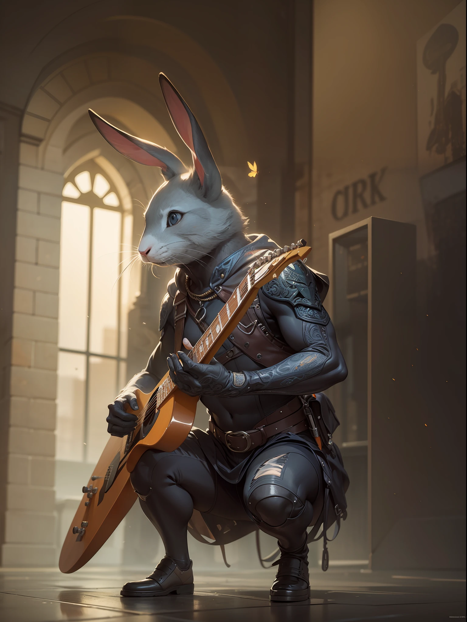 fantasy character anthropomorphic rabbit, skateboard, holding a carrot, skateboard competition, crowd cheering , bugs bunny, carrying a guitar, screens, digital Art, perfect composition, beautiful detailed intricate insanely detailed octane render trending on artstation, 8 k artistic photography, photorealistic concept art, soft natural volumetric cinematic perfect light, chiaroscuro, award - winning photograph, masterpiece, oil on canvas, raphael, caravaggio, greg rutkowski, beeple, beksinski, giger