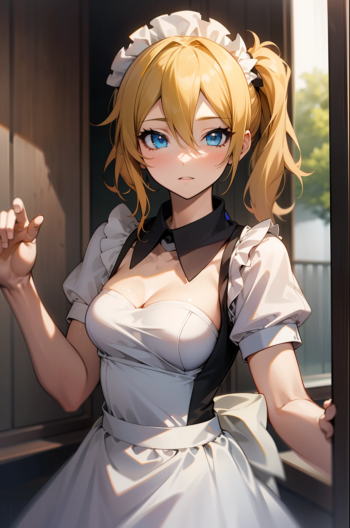 Masterpiece, Best quality, Masterpiece,Best quality,officlal art,Extremely detailed CG unity 8k wallpaper, dusk, strong rim light, intense shadow, Game_CG, girl, maid, hair between eyes, Blue eyes, Small breasts, head tilt, Fighting_stance, jitome, :t, Blonde hair, Side ponytail, ((hayasaka ai)),maid dress