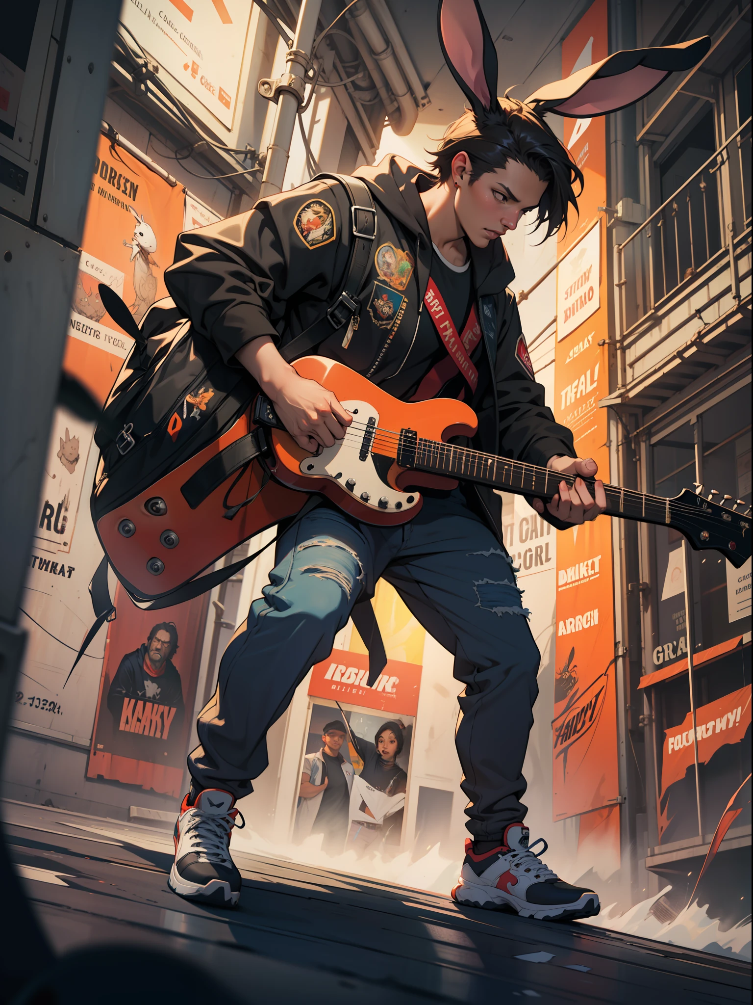 fantasy character anthropomorphic rabbit, skateboard, holding a carrot, skateboard competition, crowd cheering , bugs bunny, carrying a guitar, screens, digital Art, perfect composition, beautiful detailed intricate insanely detailed octane render trending on artstation, 8 k artistic photography, photorealistic concept art, soft natural volumetric cinematic perfect light, chiaroscuro, award - winning photograph, masterpiece, oil on canvas, raphael, caravaggio, greg rutkowski, beeple, beksinski, giger