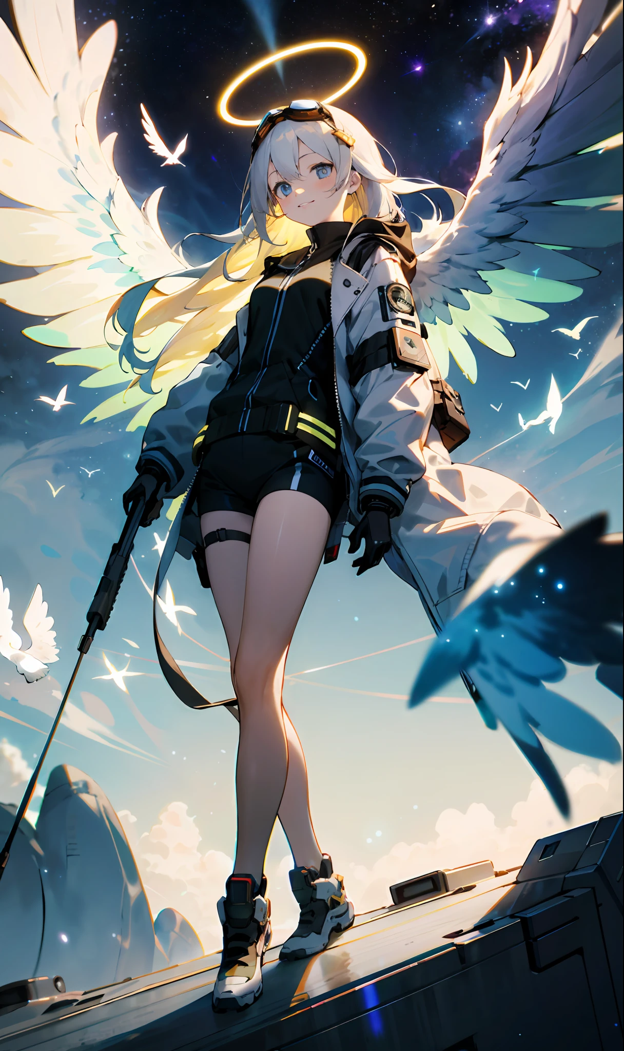 (isometric:1.0)(Delicate face and beautiful eyes),simplebackground, 1girls, middle shot, skies, light particules,(White long hair),Near-future cyberpunk jacket, Gentle smile,Fluttering feathers,Leg straps,Dove,goggles on head,Dynamic,Angel wings,Blue eyes,Bend your legs,Dramatic light,Dramatic shadows,Volumetriclighting,God-like,Angel halo,Holding the light in your arms,Galaxy background