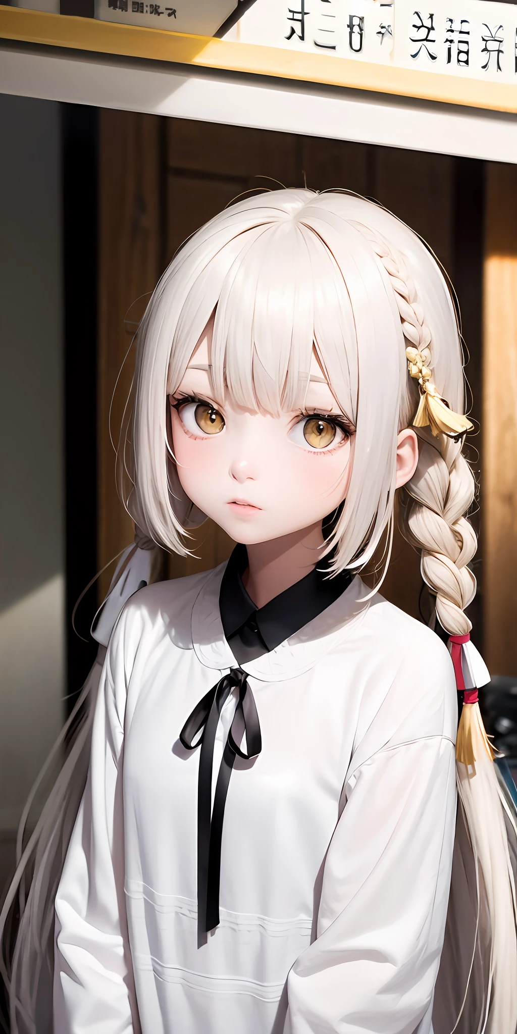 Need,杰作,whitehair,Golden eyes,big eyes,Crisp white clothes,Look up,upper-body,Hair strands,Fair skin,side braid