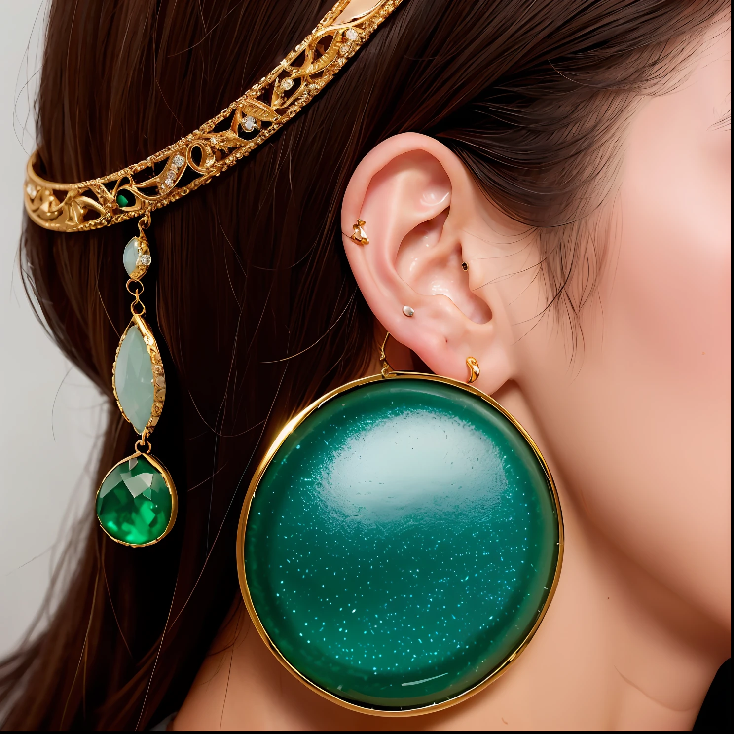 a close up of a pair of earrings with a green stone, gold earring, big earrings, thin round earrings, Emerald earrings, ear decoration, gold hoop earings, giant earrings, multiple lights, long earrings, 9 k, 9K, Gold, elaborate earrings, hoop earrings, ear ring, gold earring, multiple earrings, white and teal metallic accents