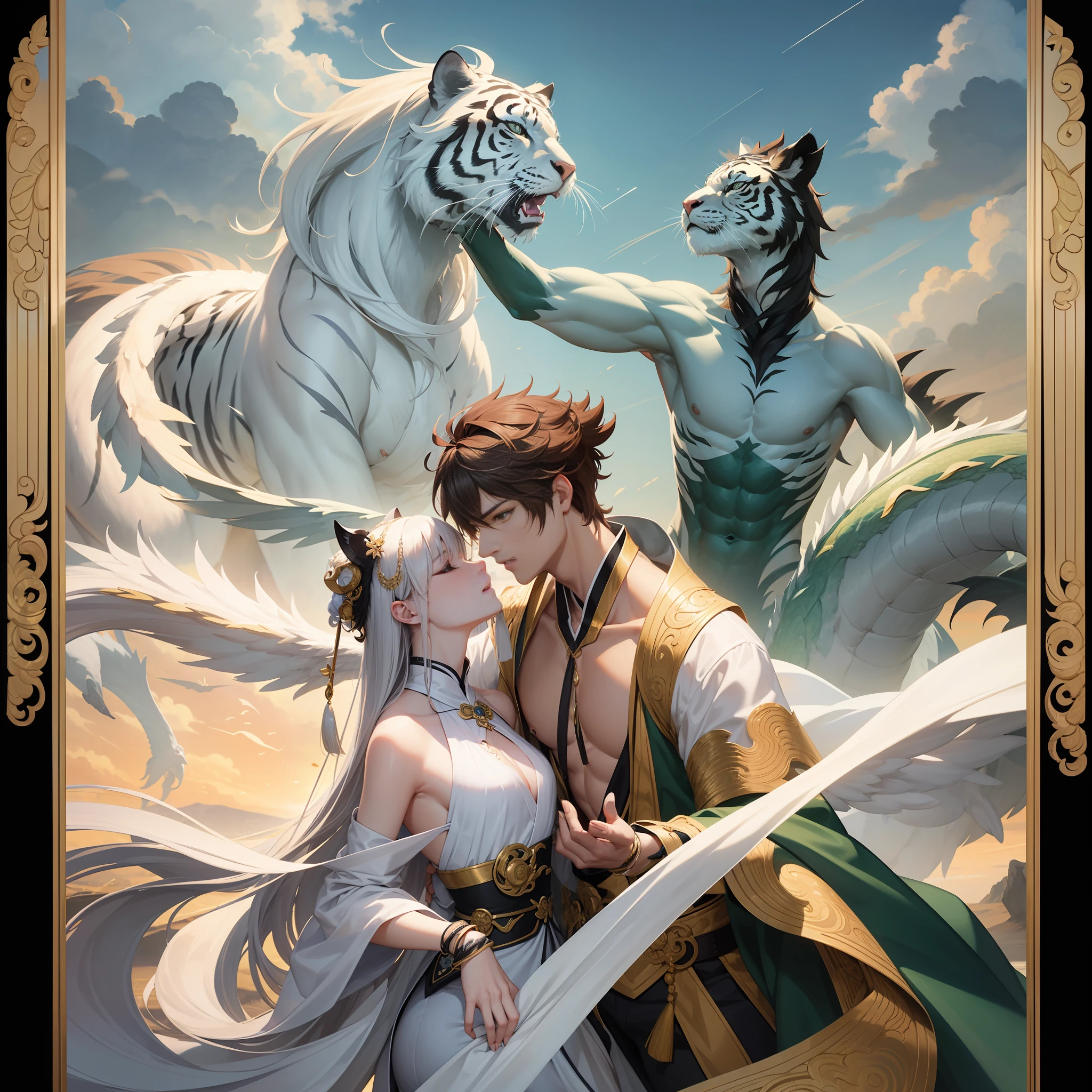 Four holy beasts，（Green Dragon：1.1），White tiger，（Suzaku：1.1），（Xuanwu：1.1），Gorgeous and detailed CG illustration，Best Picture Quality，ultra high-detail，dynamic angle，Beautiful gesture，Green Dragon：Teeth and claws，White tiger：majestic-looking，Suzaku：Splendid feathers，Xuanwu：Fortitude and solemnity。