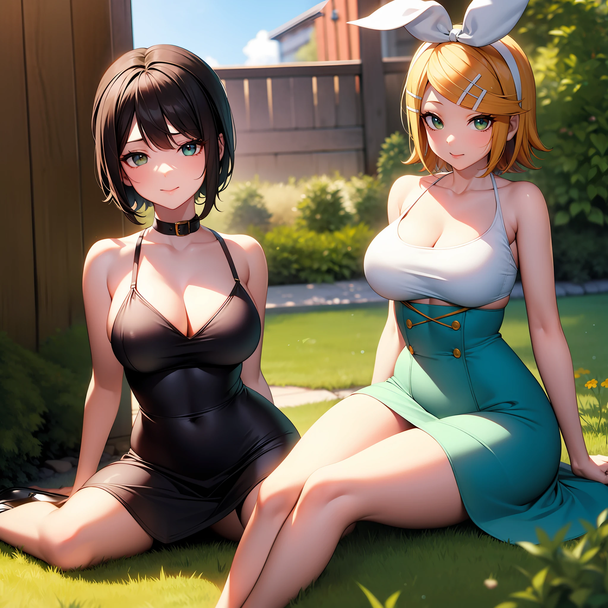 Kagamine Rin , vestido corto con corset , usando medias blancas con tirantes (sexy) , maquillaje ligero , vestido seductor y sugestivo, Curvy dress accentuating the figure , ligero vistazo a sus bravas , pecho mediano , grandes muslos , sitting in the garden in suggestive pose , Chica sexy , Chica anime , Kagamine Rin , calidad 8k , Chica anime , loli , linda chica loli , Kagamine Rin