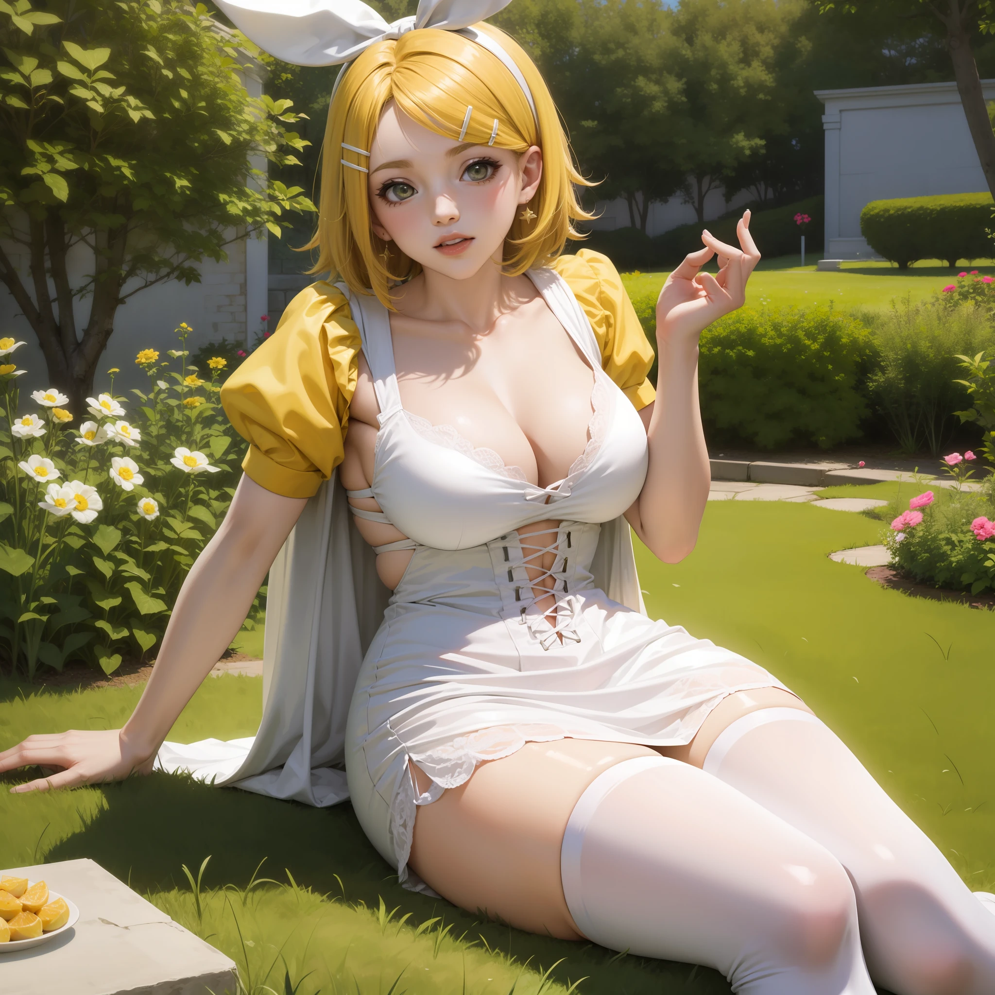 Kagamine Rin , vestido corto con corset , usando medias blancas con tirantes (sexy) , maquillaje ligero , vestido seductor y sugestivo, Curvy dress accentuating the figure , ligero vistazo a sus bravas , pecho mediano , grandes muslos , sitting in the garden in suggestive pose , chica sexy , chica anime , kagamine rin , calidad 8k , chica anime , Loli , linda chica loli , kagamine rin