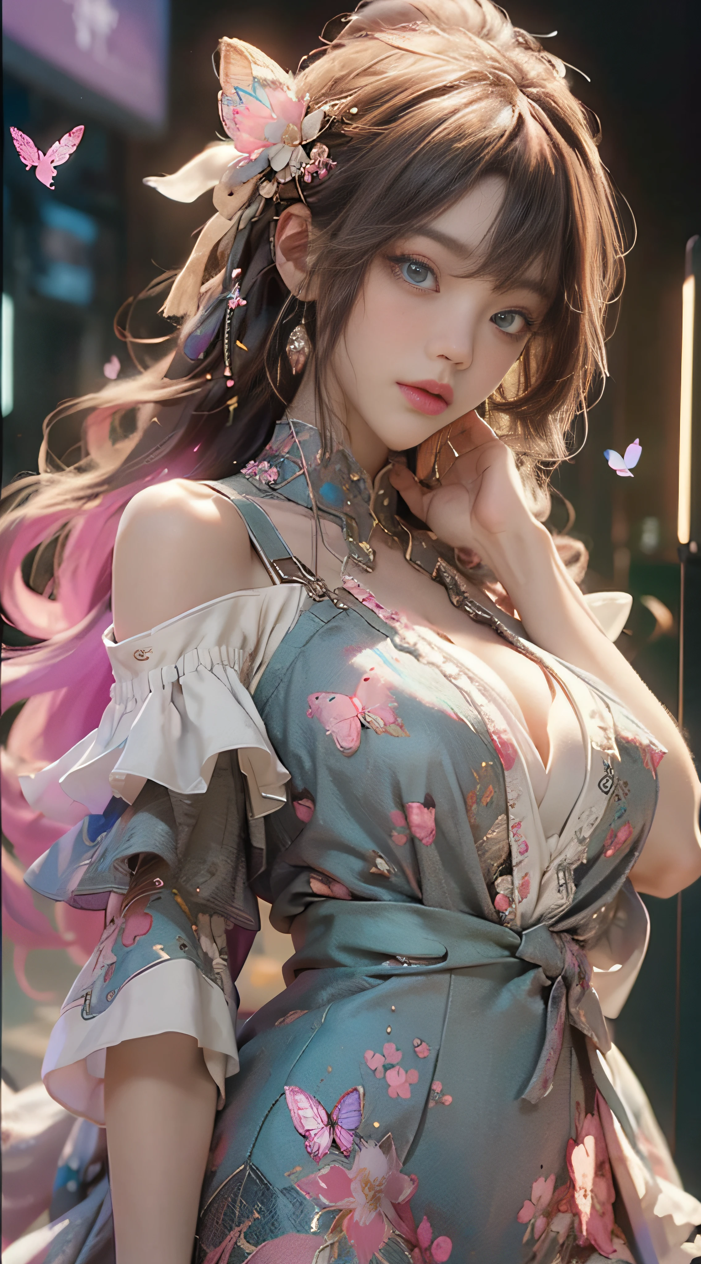 ((best qulity)), ((The Masterpiece)), (Detail:1.4), 3D, Beautiful cyberpunk female images,hdr(High dynamic range),raytraced,NVIDIA RTX,The ultra-Resolution,illusory 5,sub-surface Scattering,PBR textures,post-processed,Anisotropic filtration,deep of field,maximum definition and sharpness,multi-layer texture,Albedo e mapas Speculares,Surface Coloring,Mitsu-Accurate simulation of material interactions,perfectly proportioned,octane rendered,Two-colored light,Large aperture,Low ISO,White balance,Rule three points、8K raw data、beautiful bright pupils,Off-the-shoulder clothing,Fine pupils,Delicate face and eyes,long eyelash,Blushlush,Delicate and fluffy hair,Pink lips,Pure,cute nippkes,Sweet girl,Artistic sense,Casual wear,Sense of premium,butterflies,Cherry blossom petals,Beautiful hair accessories