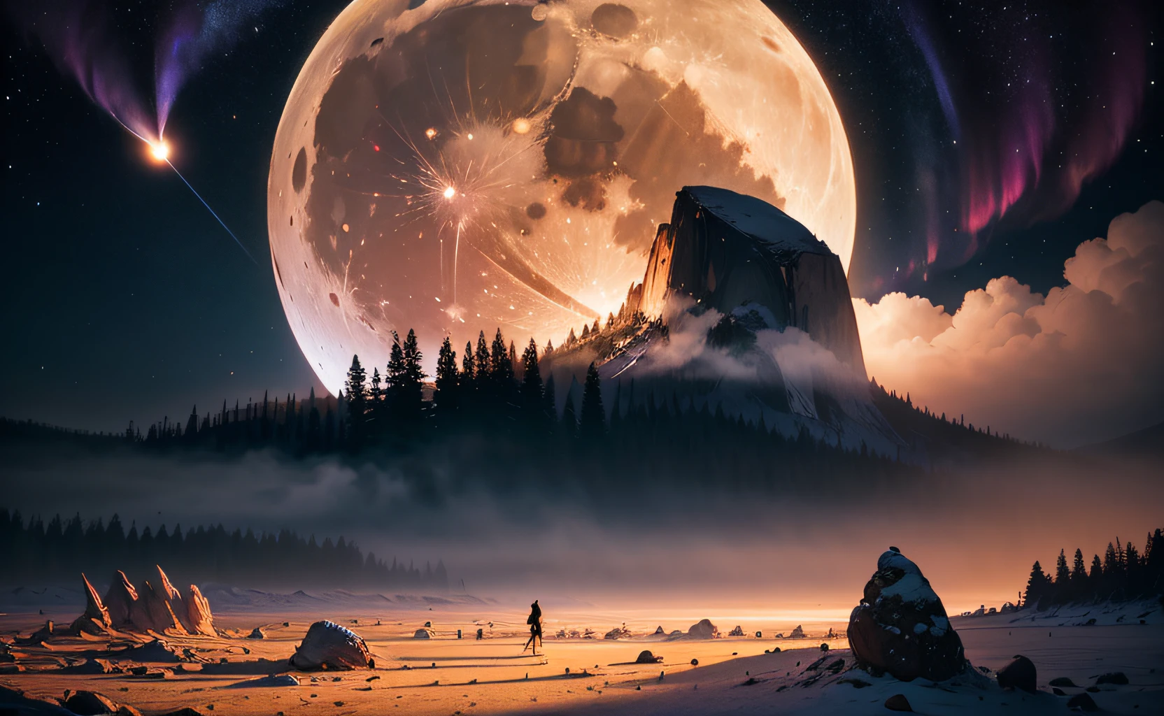 ((realistic)), ((beautiful moon)), a wide angle photo of Yosemite Half Dome, celestial body struck, comet impact, moon broken in half, surrounded by debris, fragmented, aurora dancing, spring evening, glimmering stars, mist below, on eye level, scenic, god rays, ((best quality)), ((masterpiece)), masterpiece