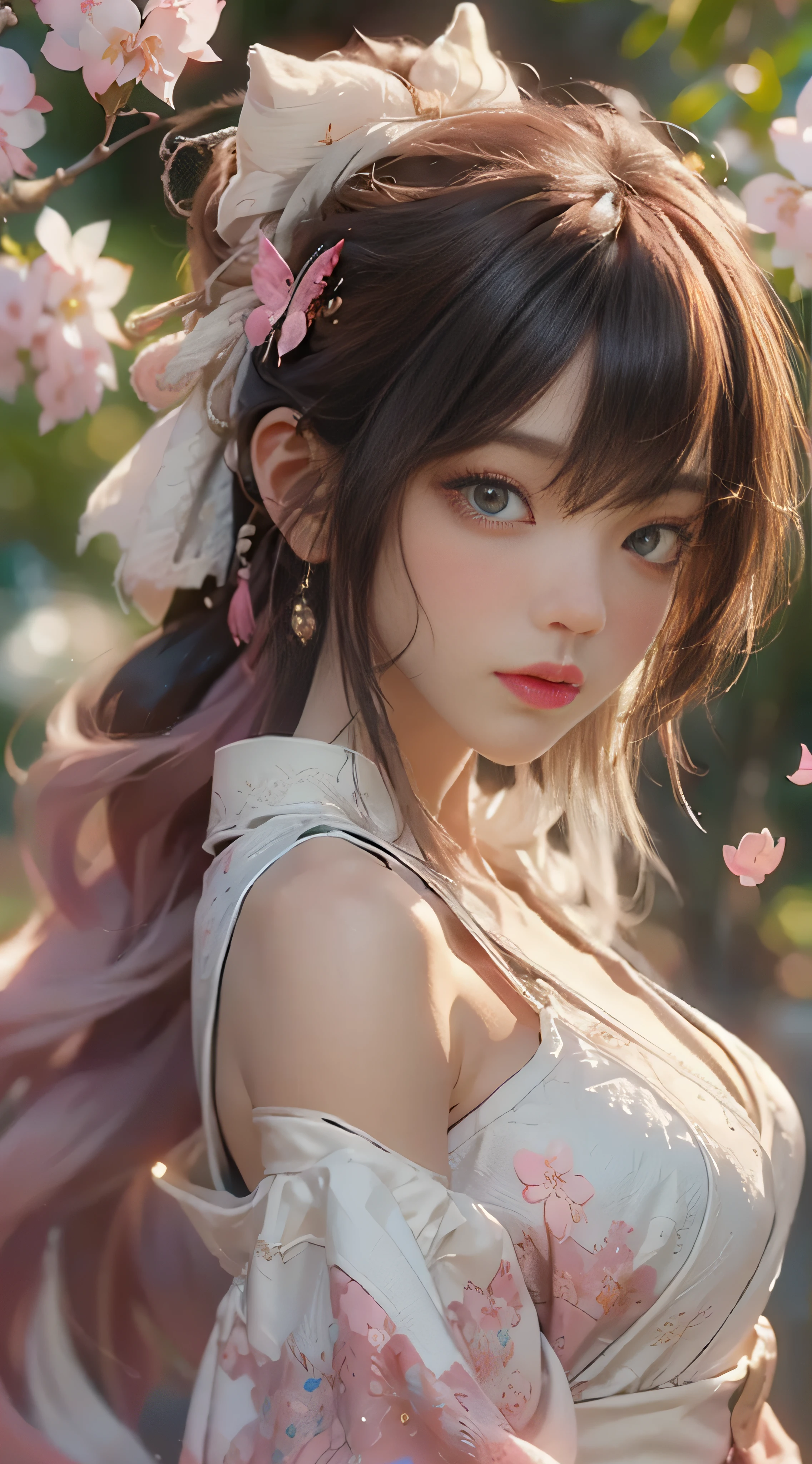 （（best qulity））， （（The Masterpiece））， （Detail：1.4）， 3D， Beautiful cyberpunk female images，hdr（High dynamic range），raytraced，NVIDIA RTX，The ultra-Resolution，illusory 5，sub-surface Scattering，PBR textures，post-processed，Anisotropic filtration，deep of field，maximum definition and sharpness，multi-layer texture，Albedo e mapas Speculares，Surface Coloring，Mitsu-Accurate simulation of material interactions，perfectly proportioned，octane rendered，Two-colored light，Large aperture，Low ISO，White balance，Rule three points、8K raw data、beautiful bright pupils，Off-the-shoulder clothing，Fine pupils，Delicate face and eyes，long eyelash，Blushlush，Delicate and fluffy hair，Pink lips，Pure，cute nippkes，Sweet girl，Artistic sense，Casual wear，Sense of premium，butterflies，Cherry blossom petals，Beautiful hair accessories