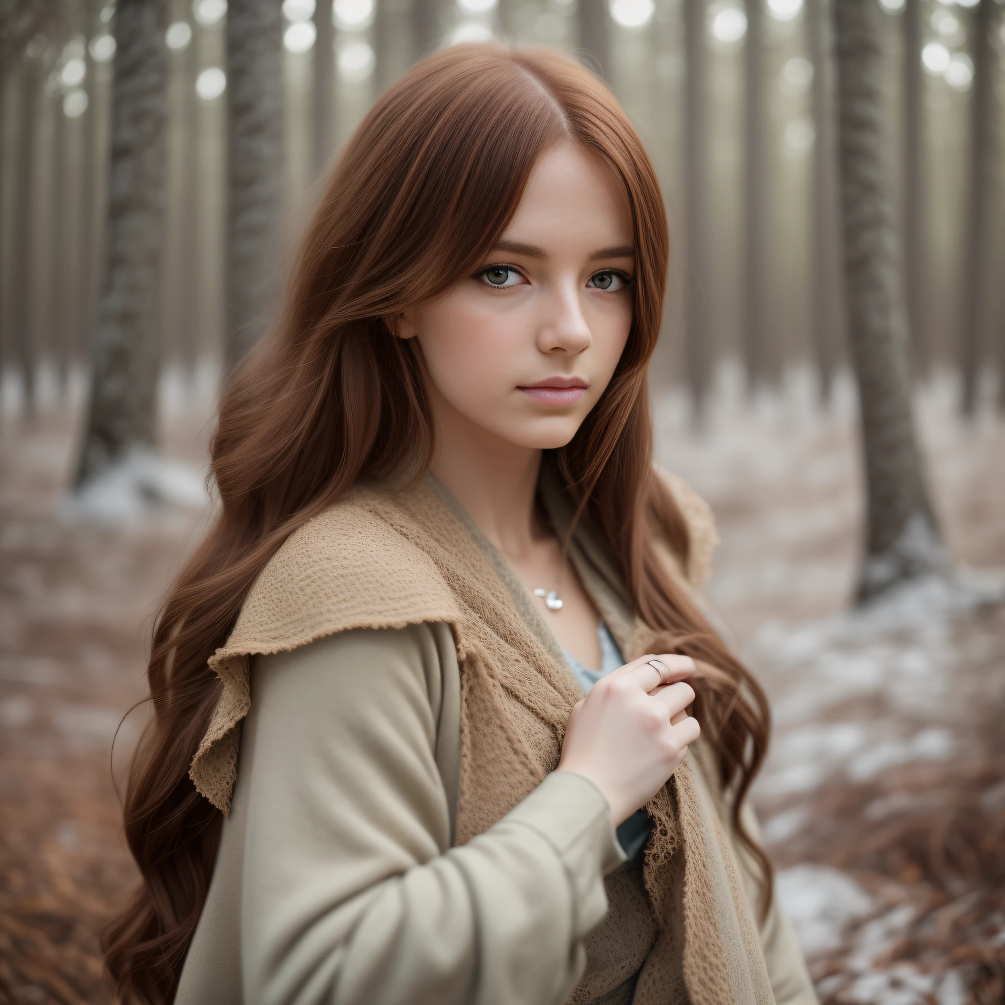 foxie european woman, ginger hair, winter forest, natural skin texture, 24mm, 4k textures, soft cinematic light, adobe lightroom, photolab, hdr, intricate, elegant, highly detailed, sharp focus, ((((cinematic look)))), soothing tones, insane details, intricate details, hyperdetailed, low contrast, soft cinematic light, dim colors, exposure blend, hdr, faded