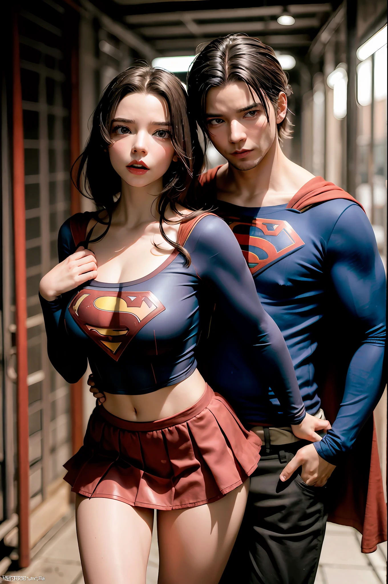 Trem lotado, supergirl loira sexy, handsome man holding her from behind and talking in her ear, Elevation-a, mini red skirt swinging up, 40k, fotografia, obra-prima da Supergirl, melhor qualidade, fundo cinza escuro, (1supergirl olhos bem azuis e cabelos loiros logo enrolados com pernas abertas), seios grandes perna totalmente aberta, (round swinging sexy miniskirt: 1.3), (camisa branca aberta: 1.3), young man leaning against her from behind picking her up, Poses variadas. Wearing super heroine costume. A handsome, paletoted man holding her from behind.