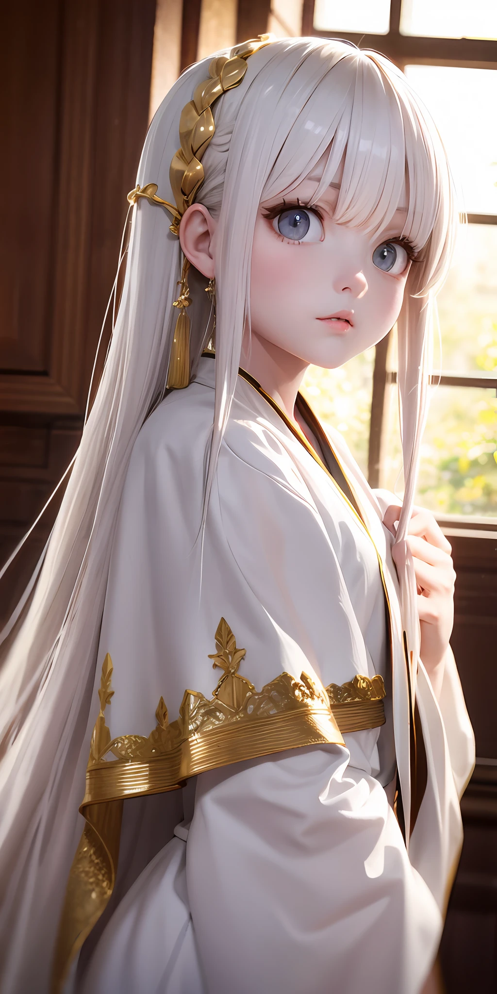 Best Picture Quality,high-definition,Need,杰作,White hair,Golden eyes,big eyes,White robe,Look up,upper-body,Hair strands,Fair skin,side braid
