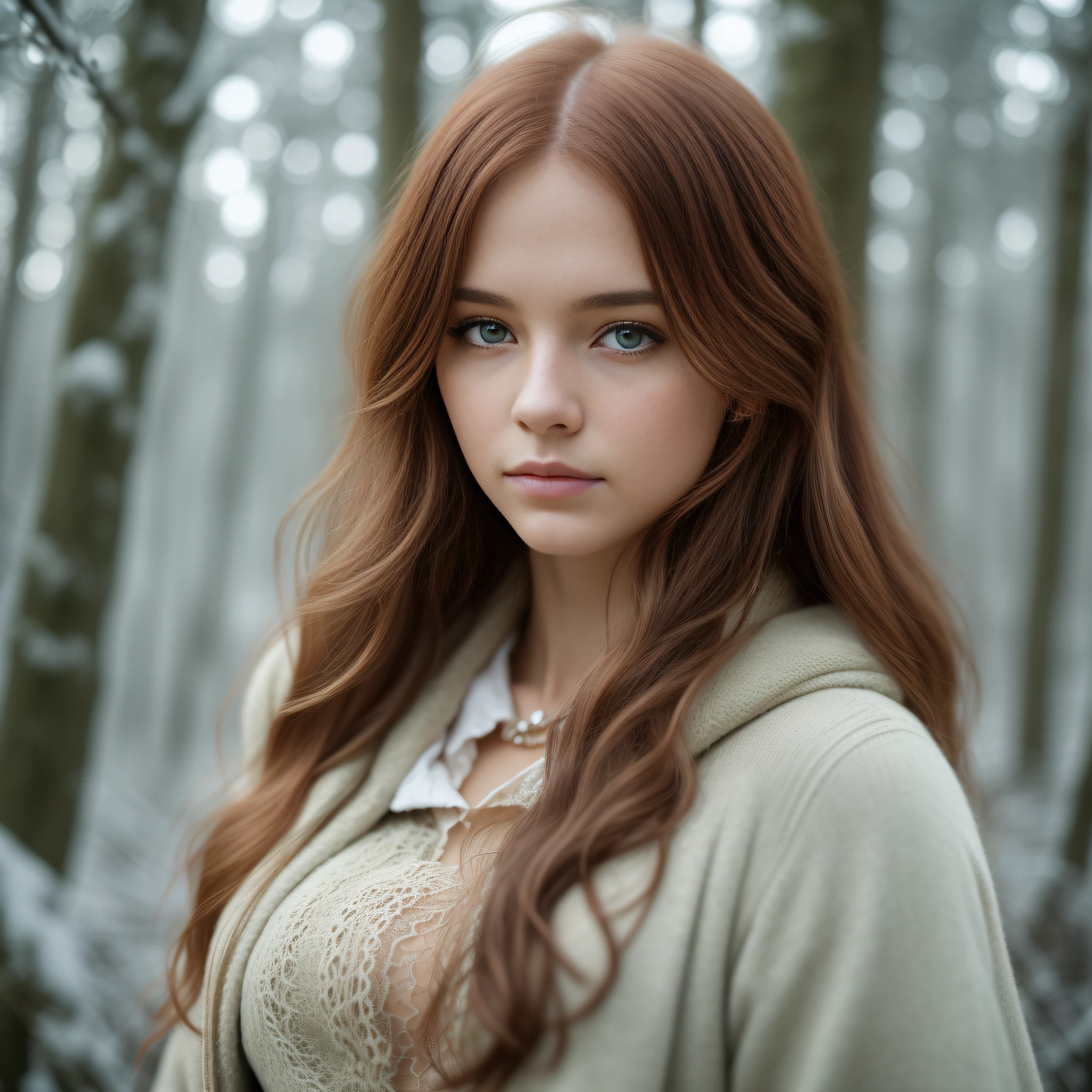 foxie european woman, ginger hair, winter forest, natural skin texture, 24mm, 4k textures, soft cinematic light, adobe lightroom, photolab, hdr, intricate, elegant, highly detailed, sharp focus, ((((cinematic look)))), soothing tones, insane details, intricate details, hyperdetailed, low contrast, soft cinematic light, dim colors, exposure blend, hdr, faded