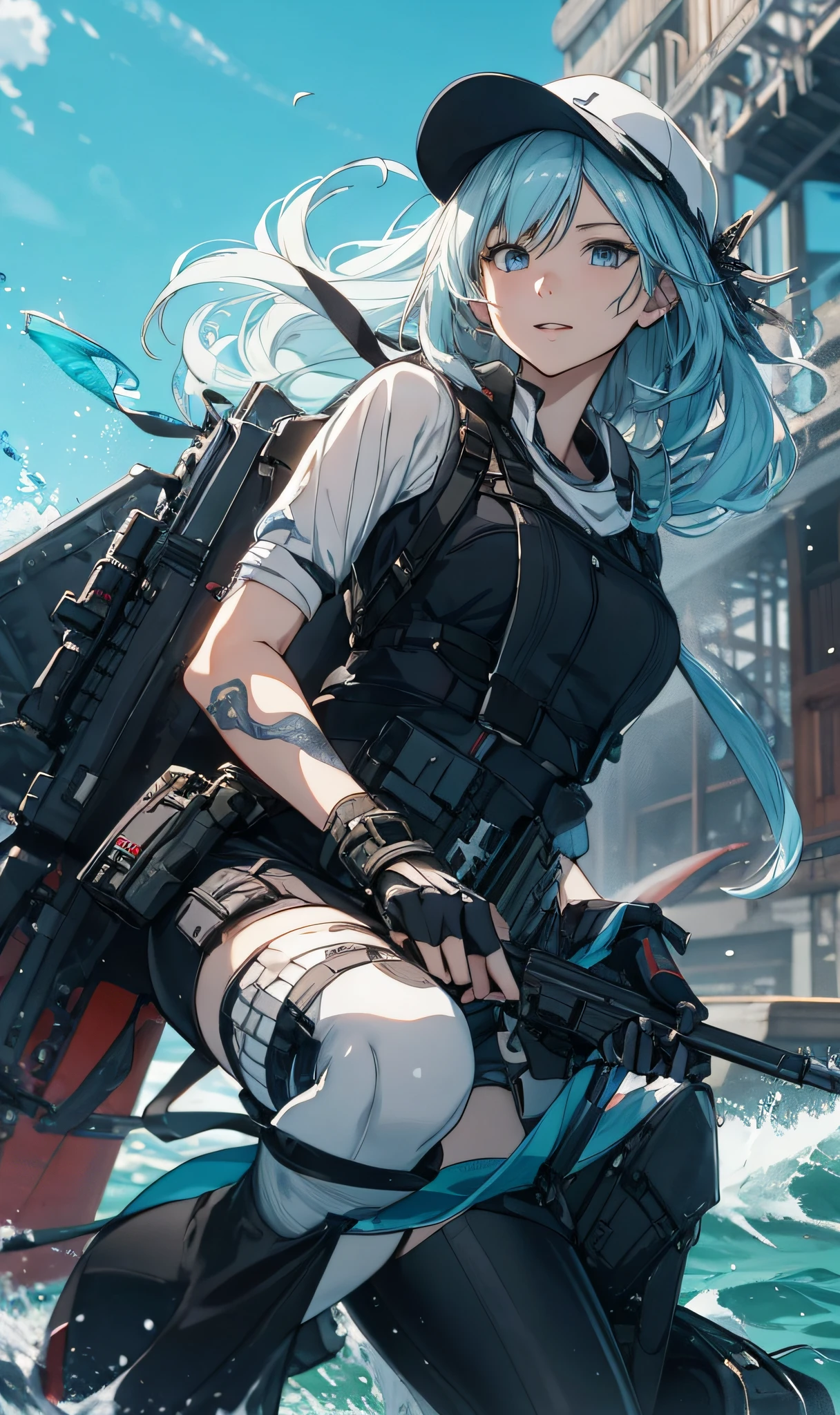 anime girl in a black outfit riding a boat in the ocean, from girls frontline, Best anime 4k konachan wallpaper, girls frontline style, Girls Frontline CG, Kantai collection style, girls frontline universe, Fine details. Girl Front, Girl Front, Anime style 4 K, cushart kenz, badass anime 8 k, cushart krenz key art feminine