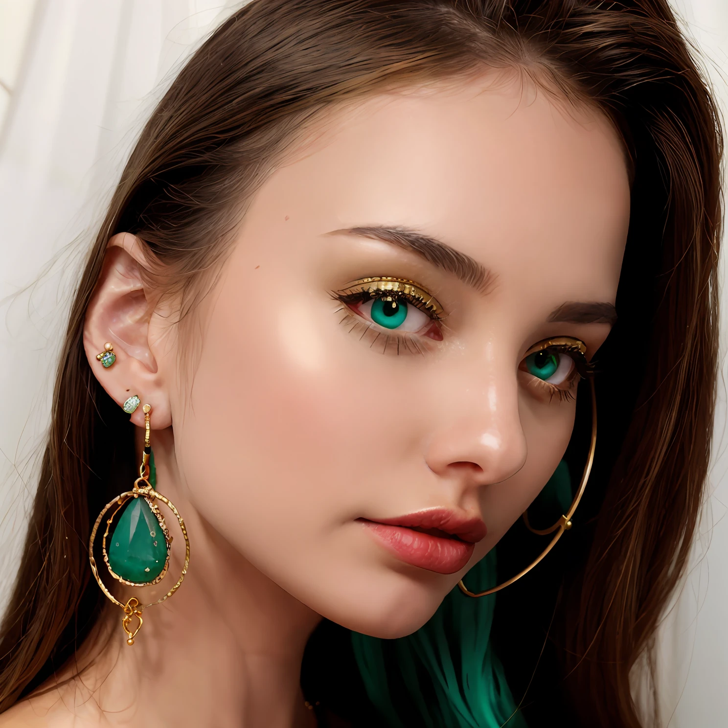 a close up of a pair of earrings with a green stone, gold earring, big earrings, thin round earrings, Emerald earrings, ear decoration, gold hoop earings, giant earrings, multiple lights, long earrings, 9 k, 9K, Gold, elaborate earrings, hoop earrings, ear ring, gold earring, multiple earrings, white and teal metallic accents