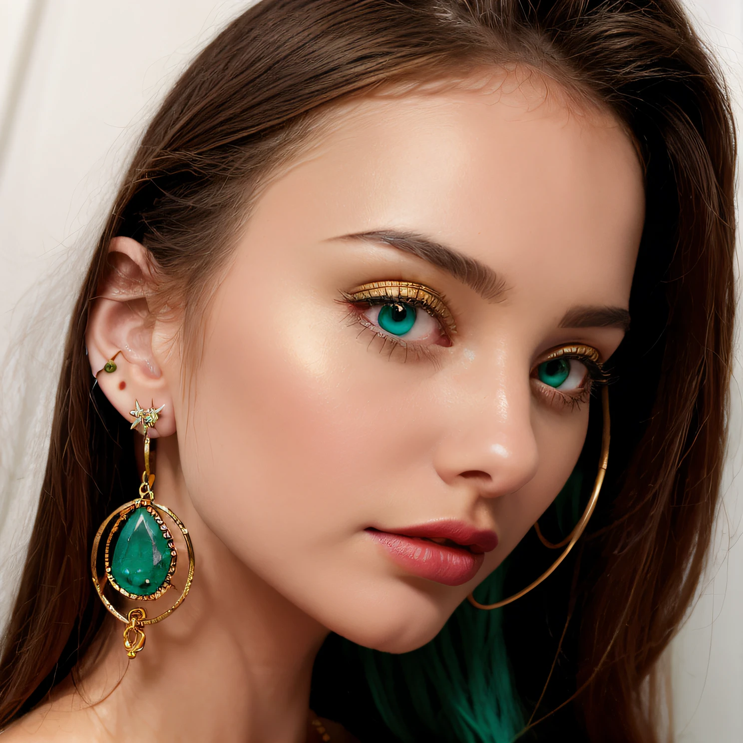 a close up of a pair of earrings with a green stone, gold earring, big earrings, thin round earrings, Emerald earrings, ear decoration, gold hoop earings, giant earrings, multiple lights, long earrings, 9 k, 9K, Gold, elaborate earrings, hoop earrings, ear ring, gold earring, multiple earrings, white and teal metallic accents