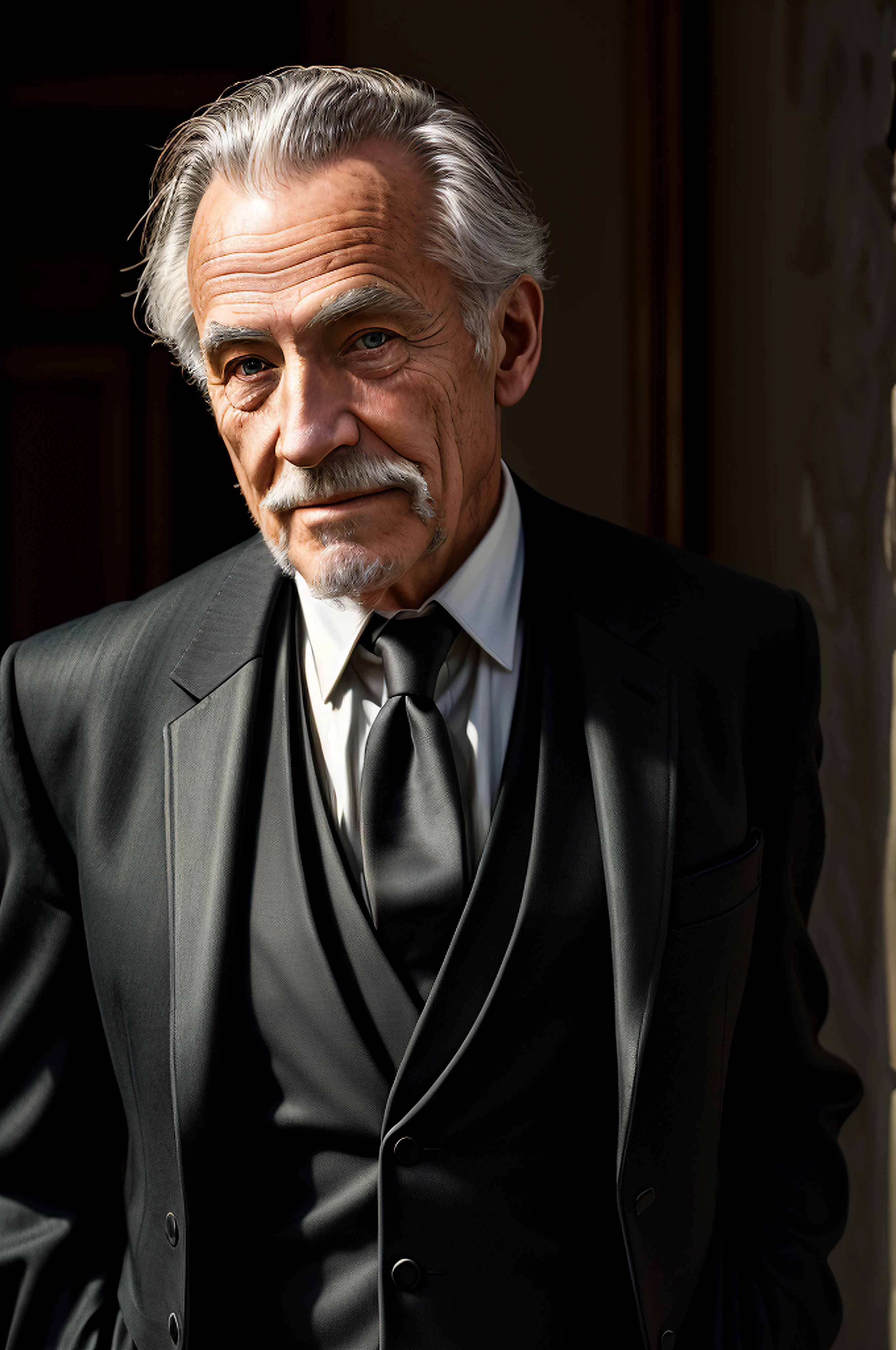 (masterpiece, photorealistic, raw,:1.4), (extremely intricate:1.2), close up, cinematic light, sidelighting, ultra high res, best shadow, RAW, upper body, old man, wearing tailcoat,