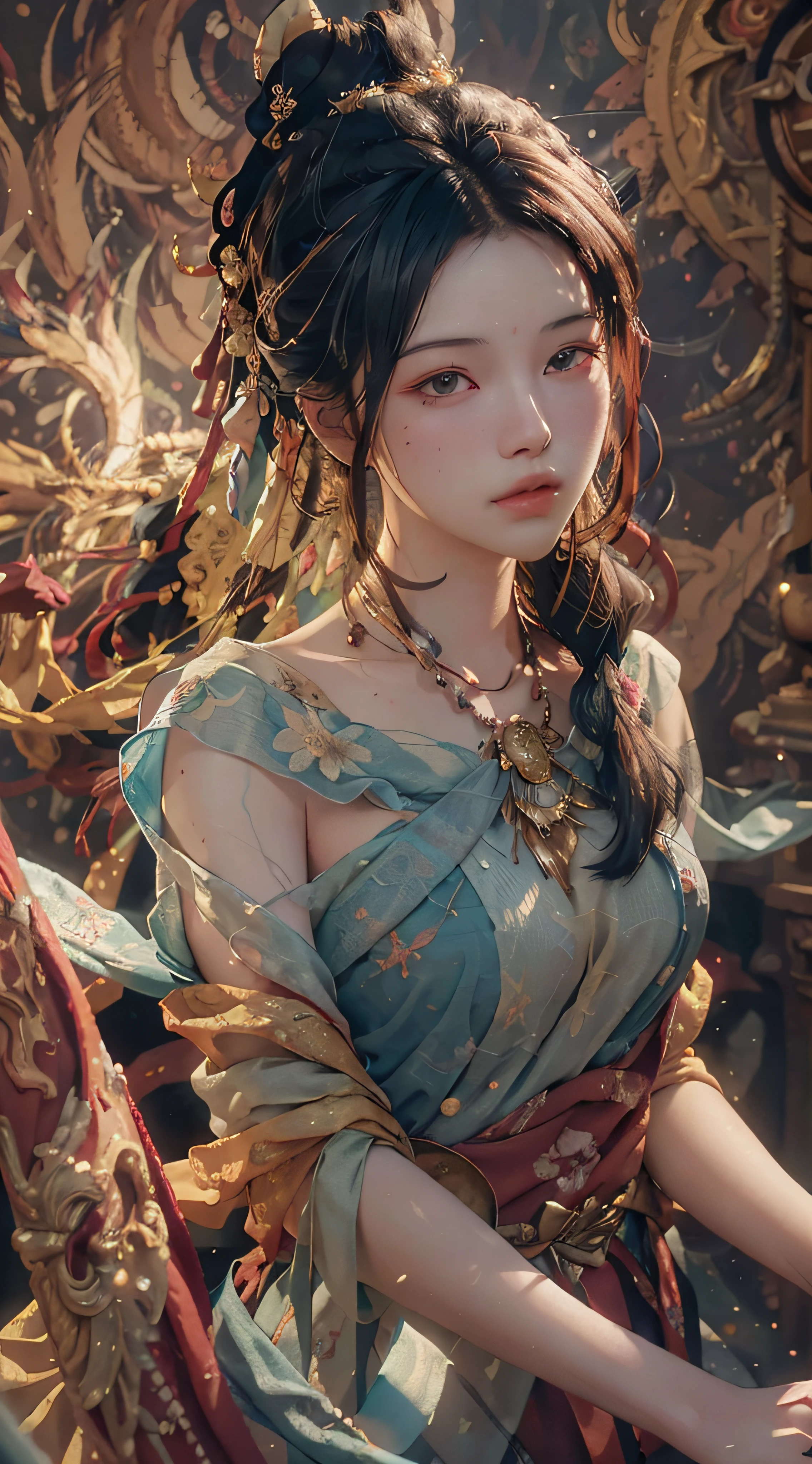 (RAW photo, best quality), (realistic, photo-realistic:1.3),best quality,highly detailed,masterpiece,ultra-detailed,illustration,1girl,upper_body,dynamic angle,world masterpiece theater,messy_long_hair,best quality,extremely detailed CG unity 8k wallpaper,ink,Amazing,cinematic lighting,lens_flare,,dunhuang_style