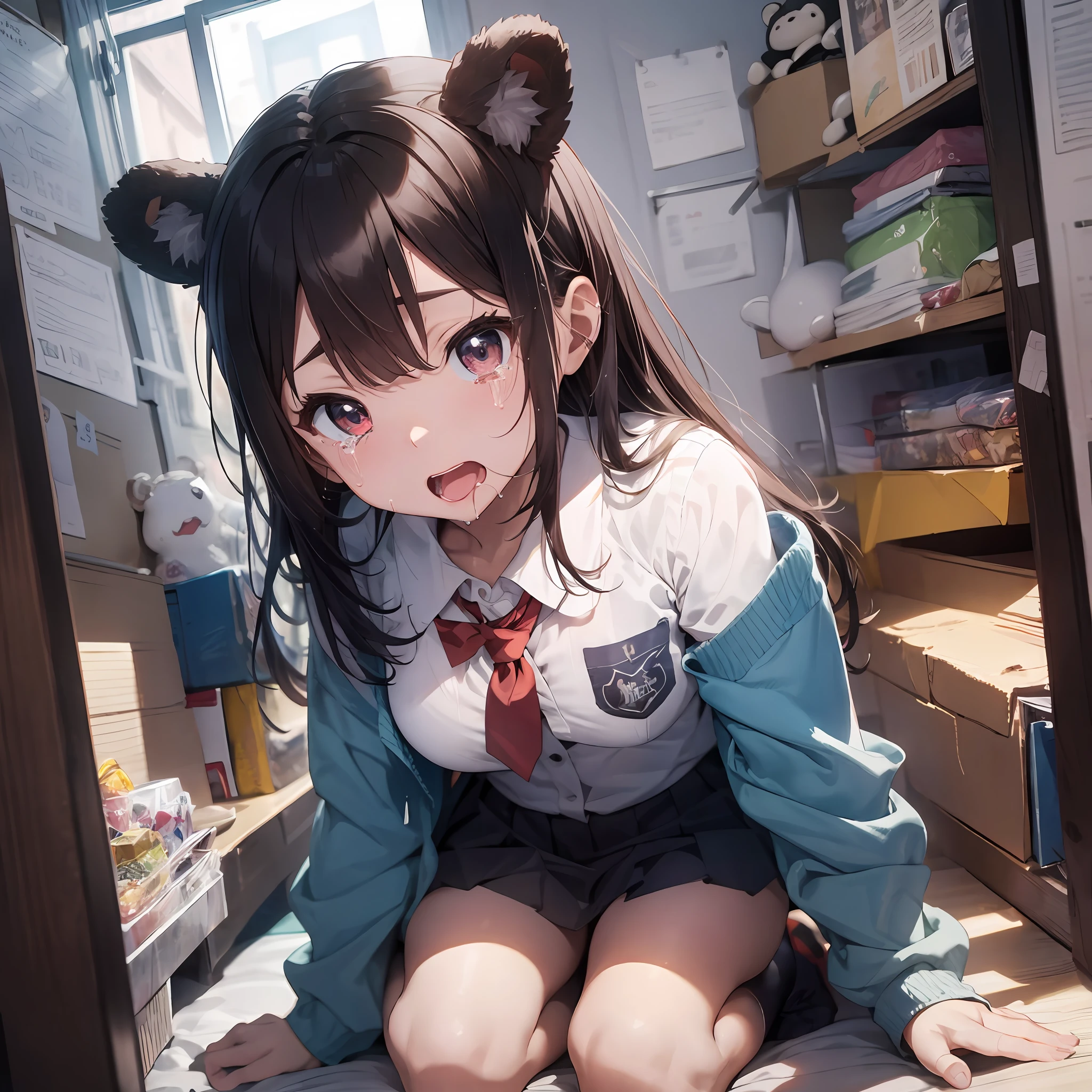 Sleeping on your back、rampage、screeming、a school uniform、Abundant tears、drooling、thick eyebrows、Background is a girl's room、(darkskin:1.3)、Movie lighting、small tits、Bear ears、(masterece-piece)、((beste Quality))、(Ultra detailded)、shinny skin、Full Body Anime Girl、detailed anime face、Five fingers、textile shading、The perfect human structure、flawless anatomy、