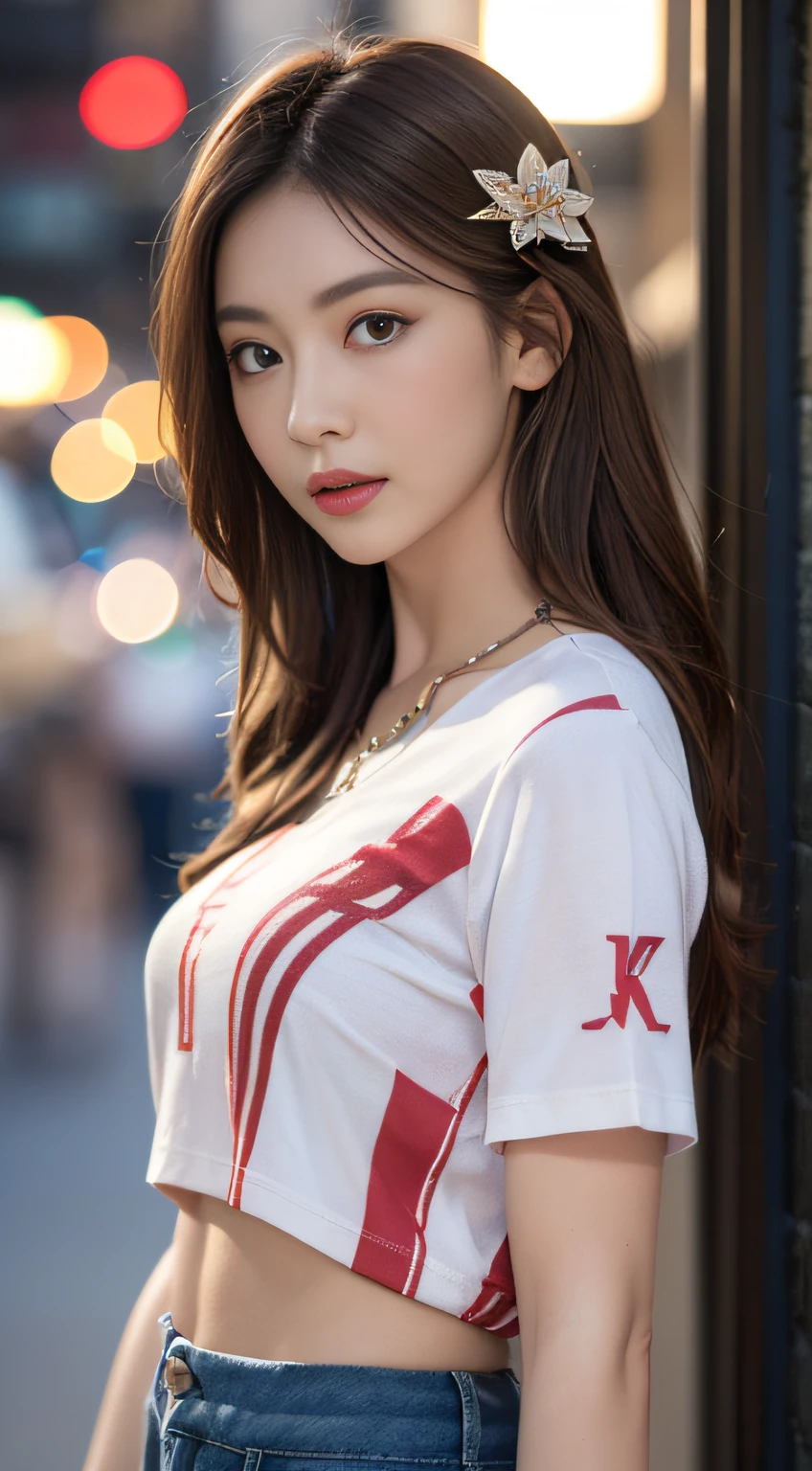 ((Realistic Lighting、The Highest Quality、8K、master masterpiece:1.3))、Clear Focus:1.2、1人の女の子、Perfect Body Beauty:1.4、Slim abs:1.1、total body、((darkbrown hair、big,,:1.3))、(Acceleration:1.4)、(out door、NIGHT:1.1)、View of Waikiki Beach、Slender face、fine eyes、Double Eyelid、poses of fashion models、Floating hair、Plumeria hair ornament、T‐shirt、Pendants、