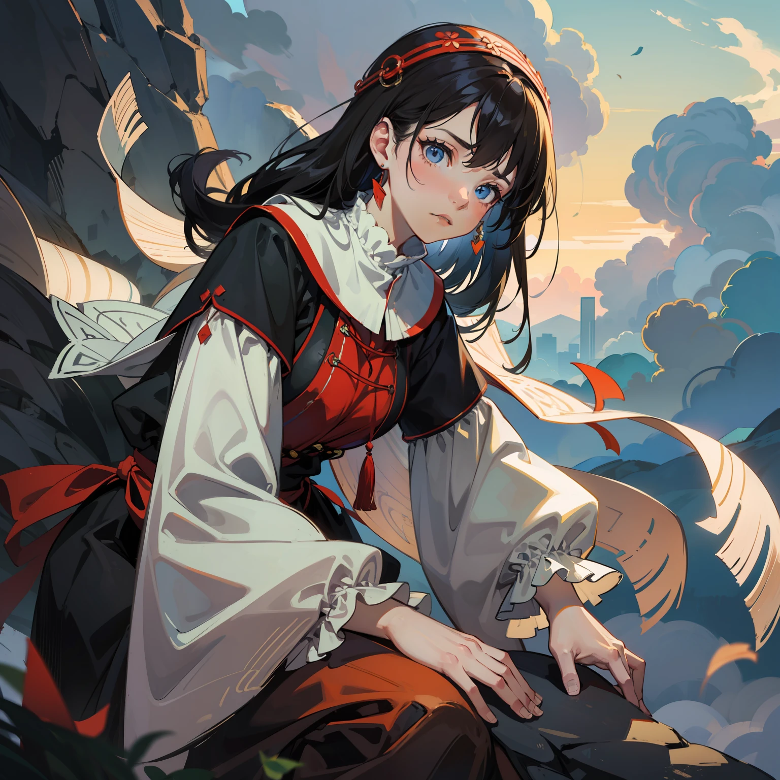 Beautiful peasant woman climbing the mountain,Expression tired,The atmosphere is eerie,The environment is dim,