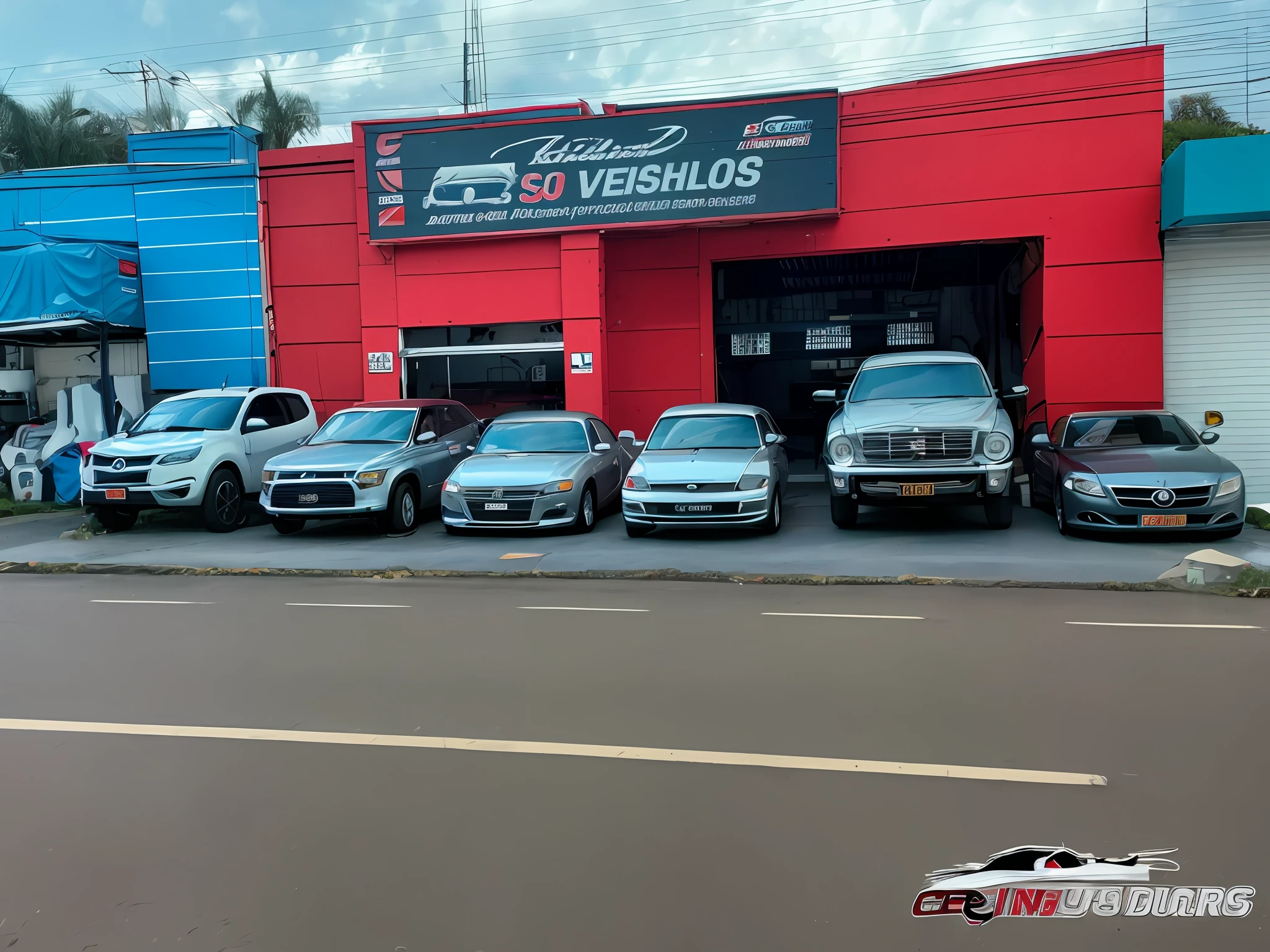 garagem de carros, realistas, com detalhos brilhando do sol