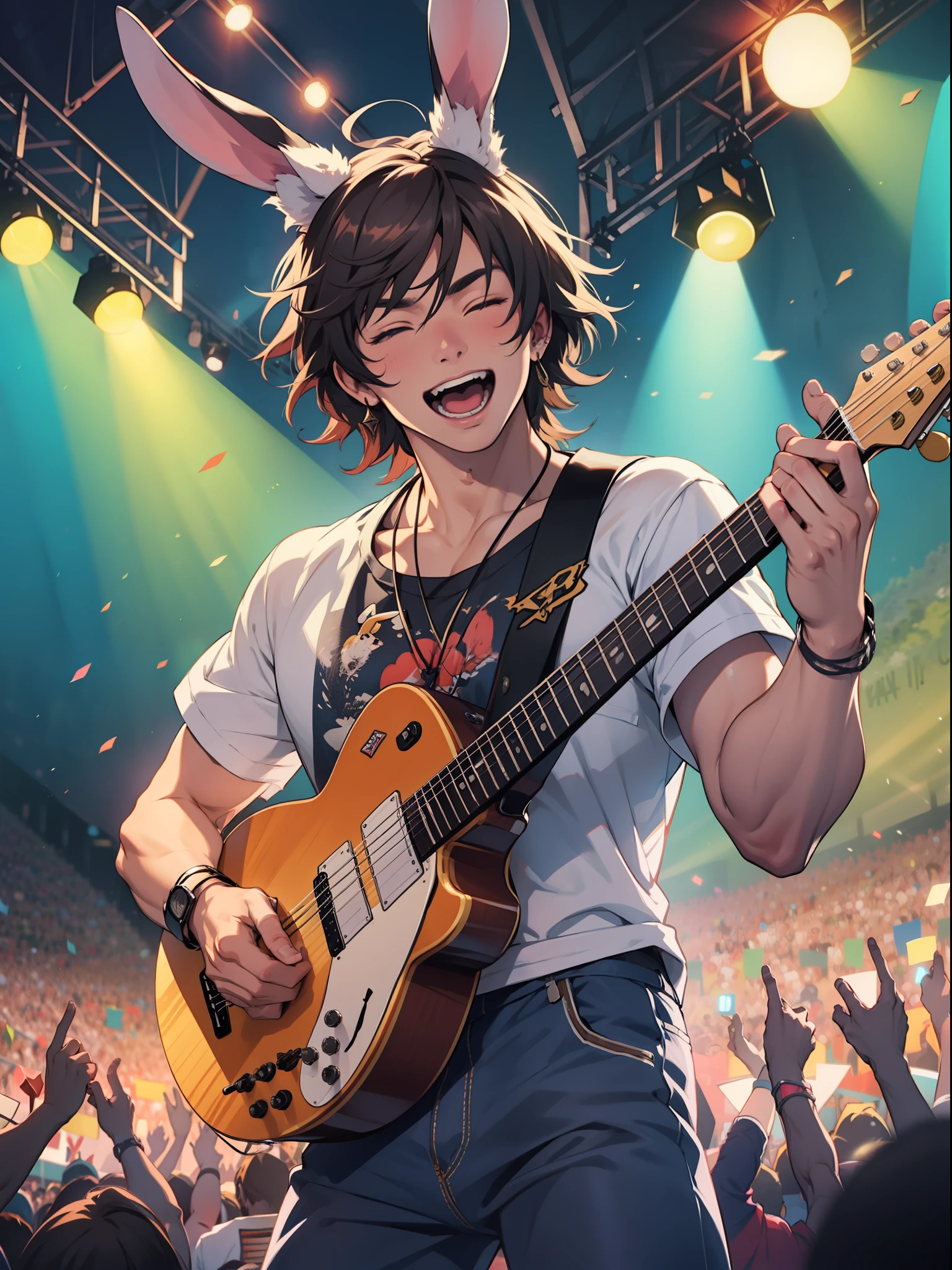rabbit man playing the guitar, rockstar, crowd cheering, lights, concert, band, having fun