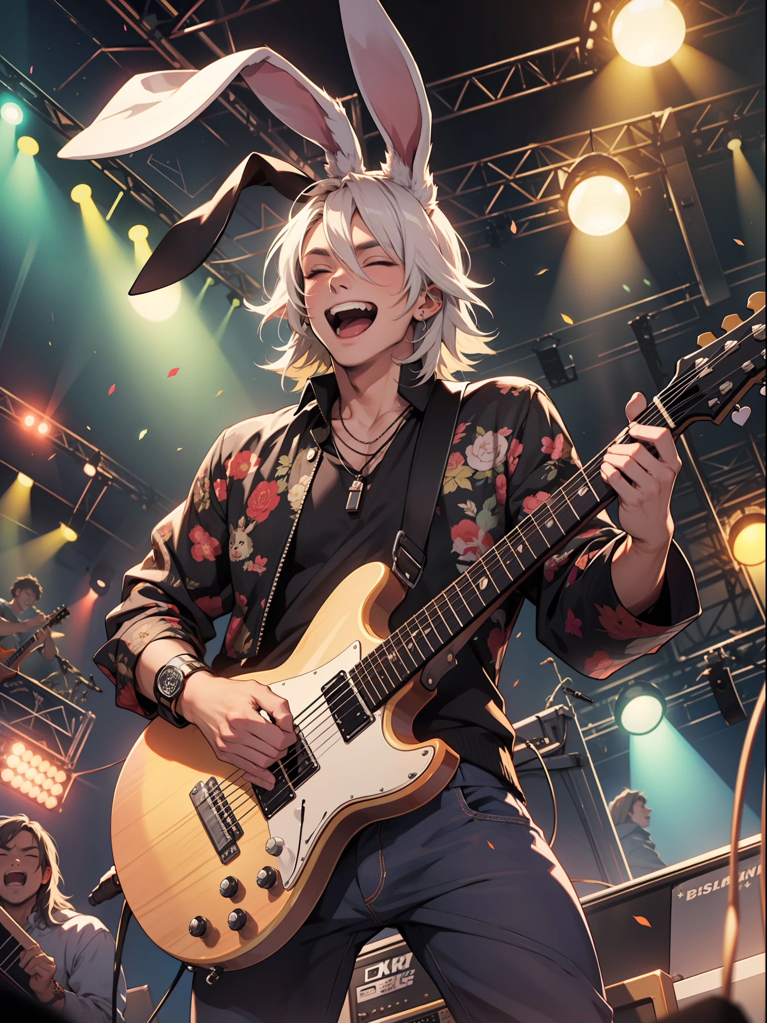 rabbit man playing the guitar, rockstar, crowd cheering, lights, concert, band, having fun