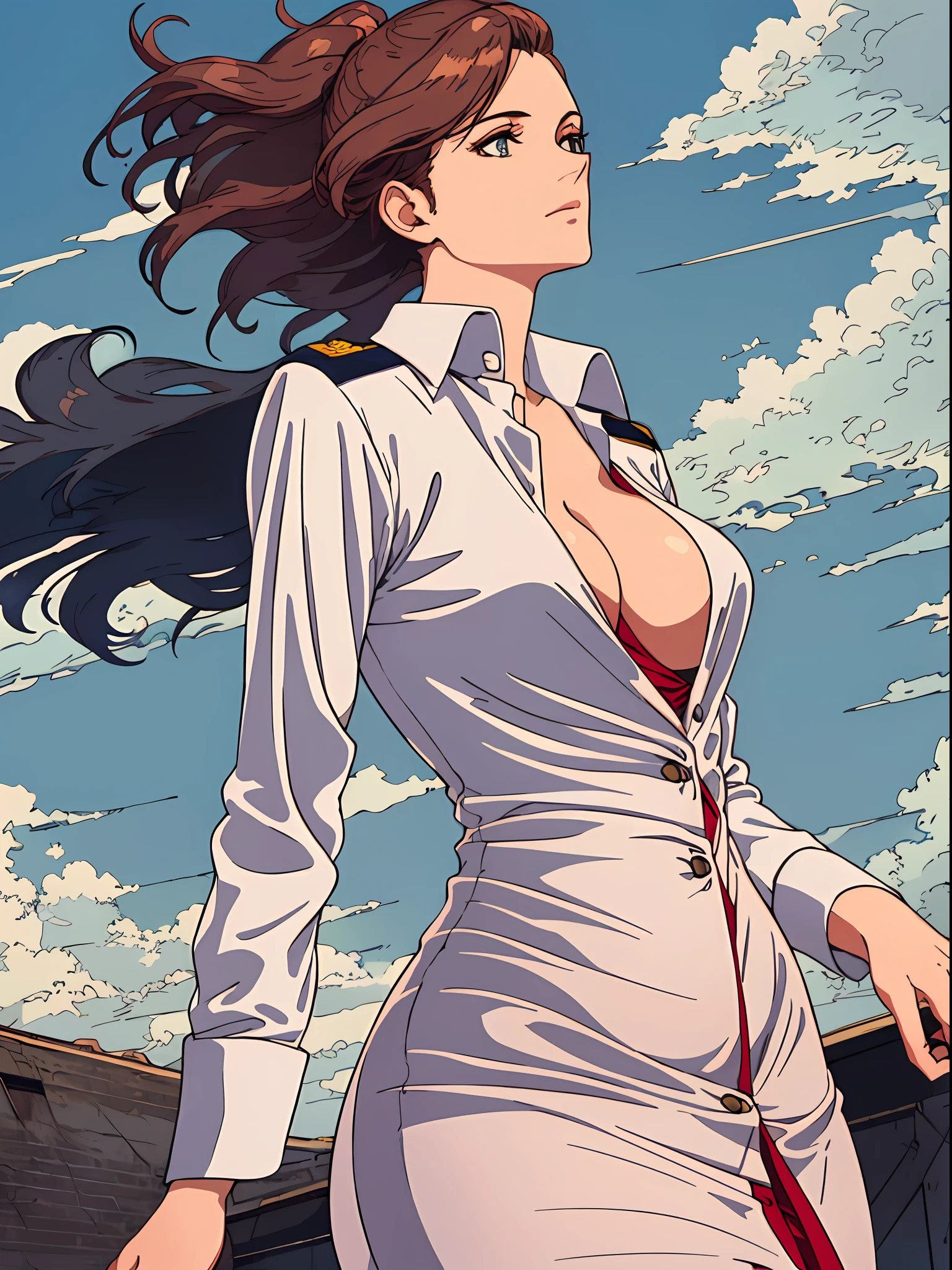 (best quality, realistic, masterpiece: 1.2), 1lady, (unbuttoned:1.2), dynamic pose, floating hair, sort hair, smal breast, (tight dress shirt:1.2),((view from below)), dramatic light, police uniform, wind, police squad unit, wind blowing, wind blows skies, shy, winking , looking at camera