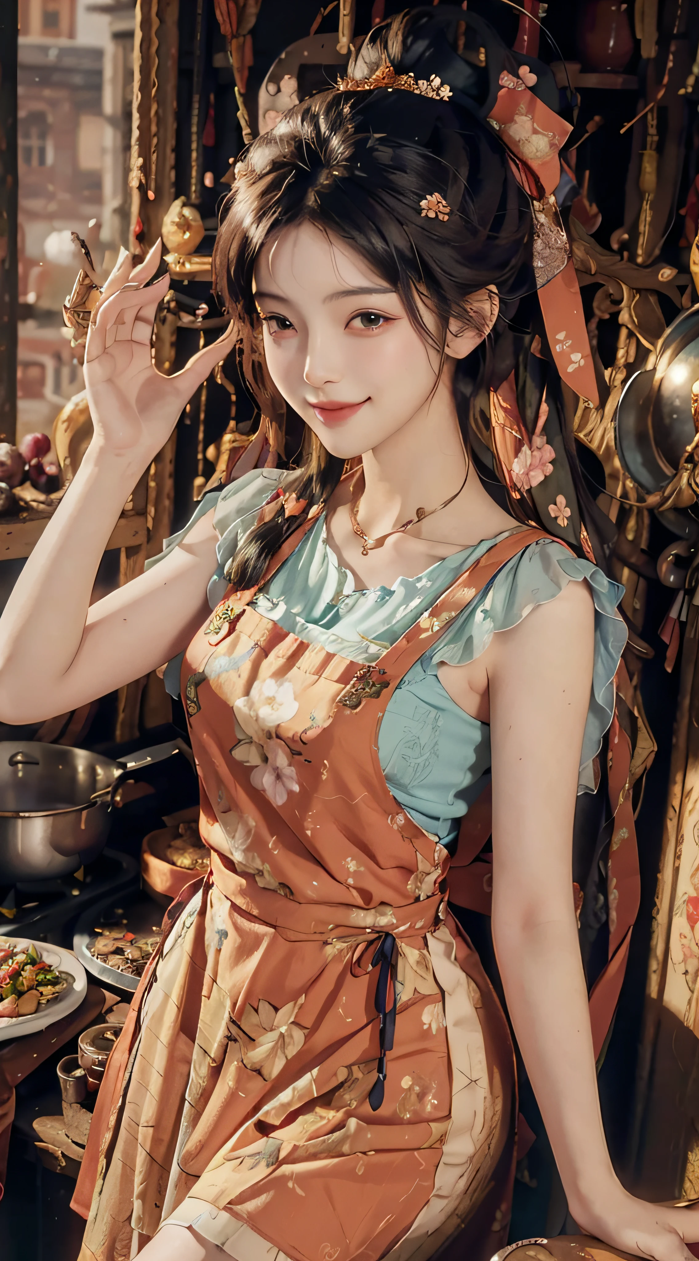 (Best Quality, Masterpiece), Women's Cooking Magazine Cover, 1girl, 20 years old, stunning, cute, warm smile, hourglass figure, floral dress, apron, food, text, chart, advertising, magazine title