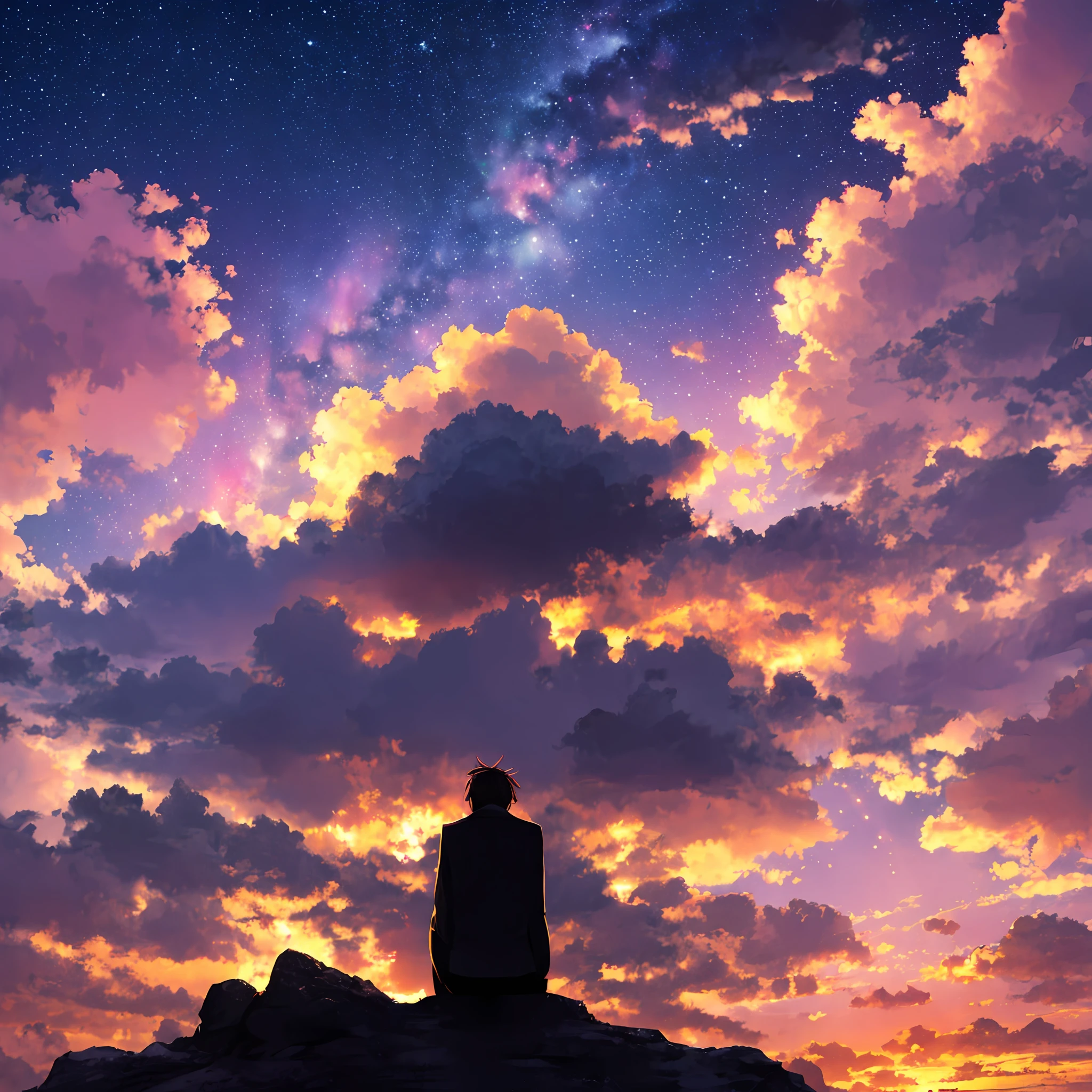 beautiful sunset with galaxies, a silhouette of a man in the distance. --auto