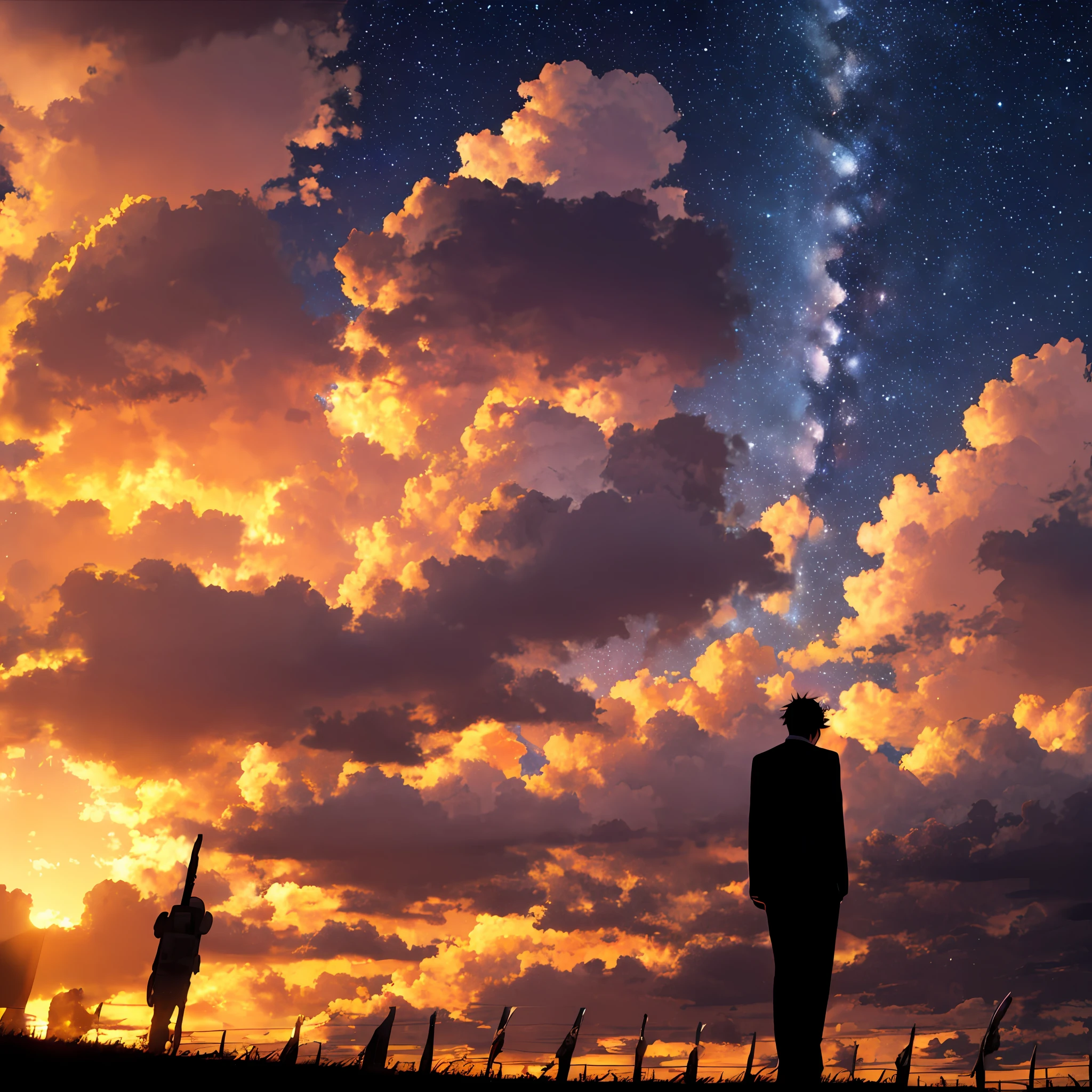 beautiful sunset with galaxies, a silhouette of a man in the distance. --auto