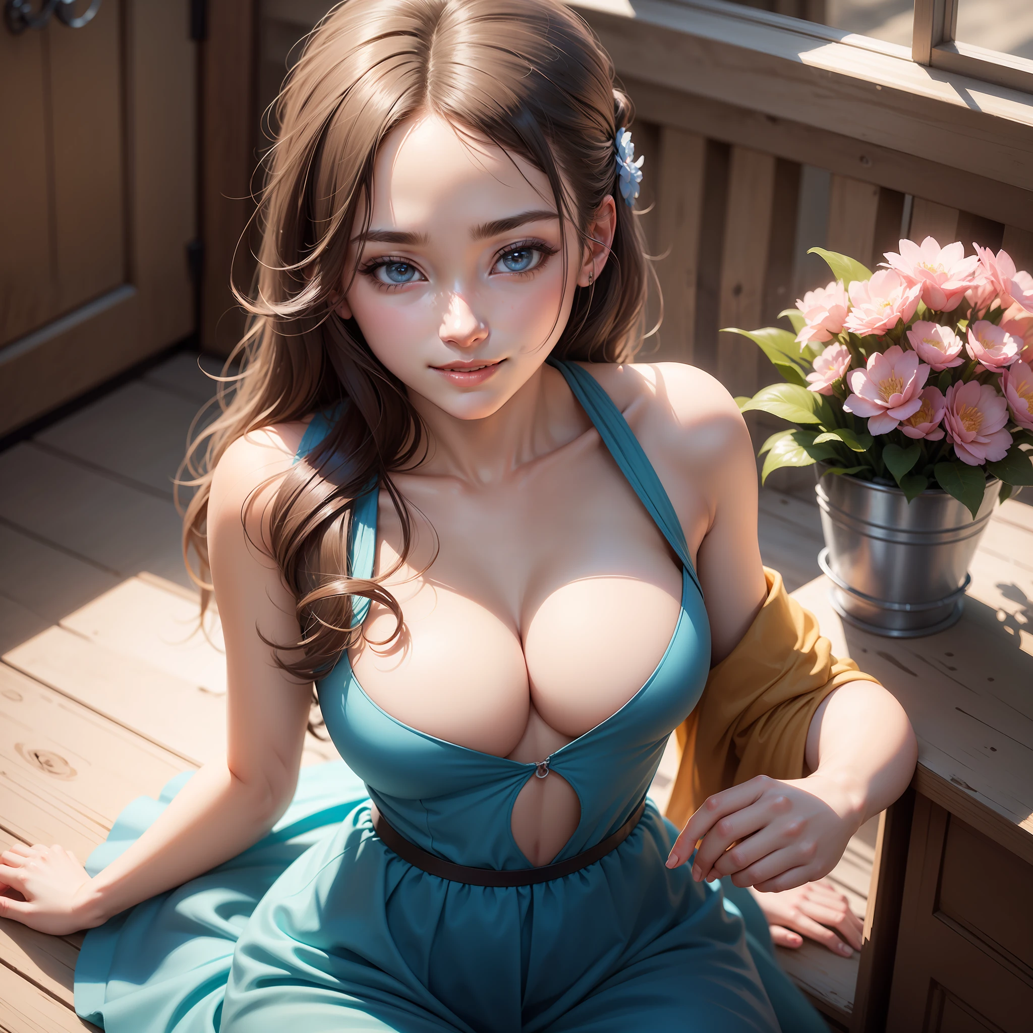 concept art, female, high school student, oriented, charming, crystal clear eyes ,pretty nose ,around flowers ,well-proportion ,innocent, smiling, long hair, topless blue dress, realistic illustration , higher detail , feel ecstasy , cute face , fairly, making love, spot light , Kpop idle , JPOP idle, vocaloid, pull down arm , five fingers,