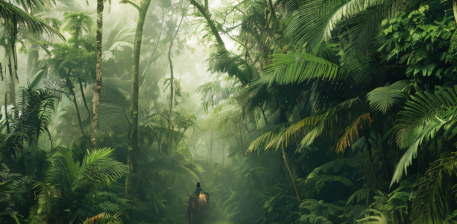 there is a man riding a horse through a lush green forest, tropical forest, wet lush jungle landscape, foggy jungle, lush rainforest, tropical jungle, beautiful jungle, eerie jungle, lush rain forest, jungle landscape, rainforests, dense jungle, beautiful jungle landscape, jungle as the background, in a highly detailed jungle, green jungle, in a tropical forest
