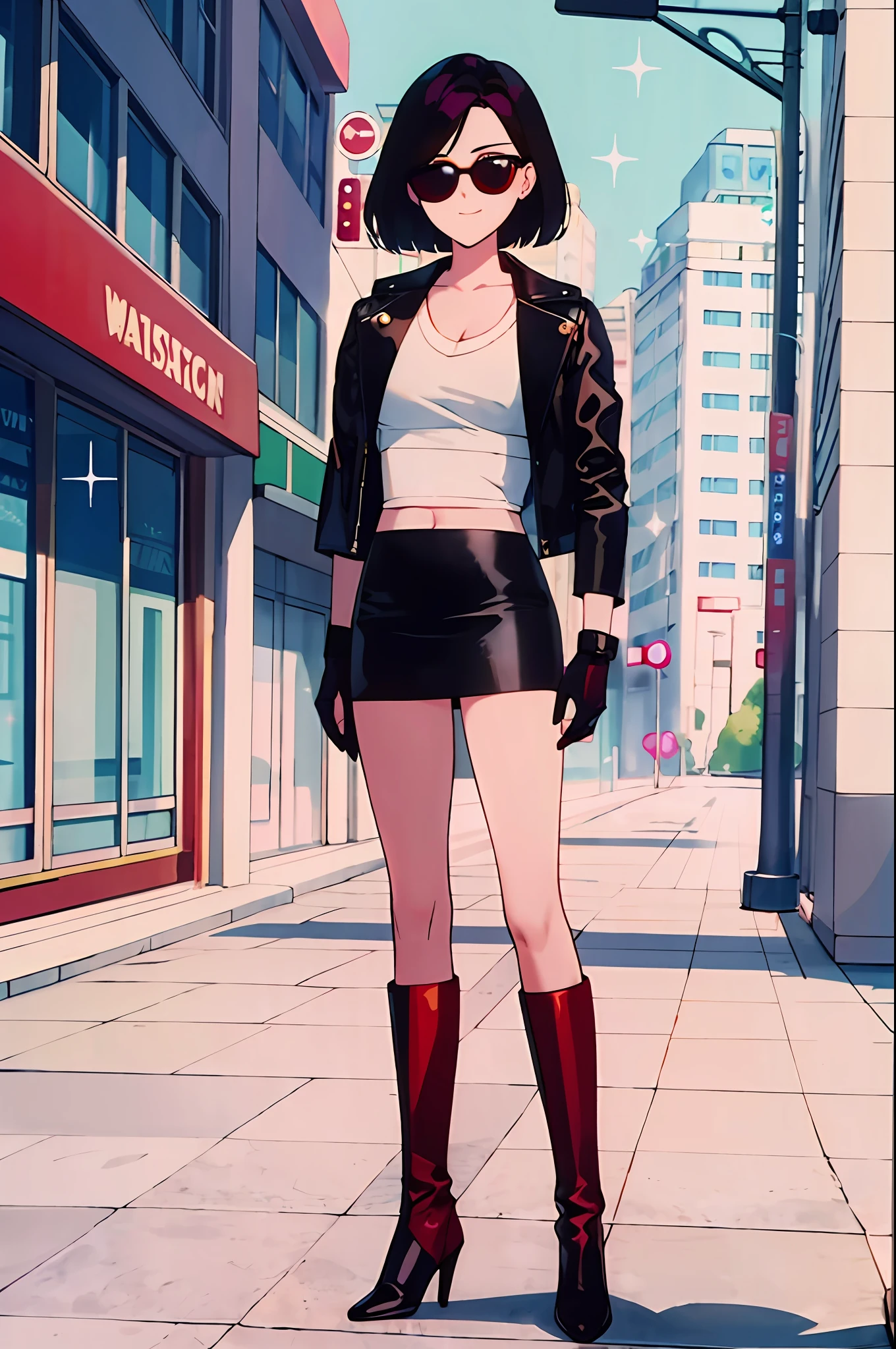 best quality, masterpiece, 1girl, looking at viewer, , light smile, sparkle, close face, city, Modern sunglasses on face, Matrix style front face Night futurism, matrix ((full body)) Woman with leather skirt, white tank top With a leather jacket With a Gothic boot on our feet, Standing next to a red motorcycle