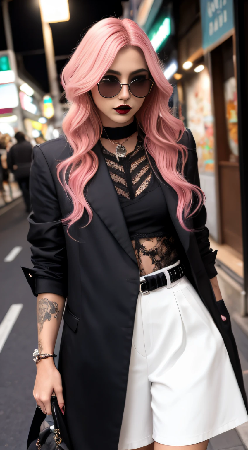 1Menina, vampiro,y2k,Estilo Emo,seios grandes ;.non-mainstream,Estilo Harajuku,Cura exagerada,Ornamentos intrincados,Estilo rock,gothic style,rebite,pinos de orelha,Brincos unilaterais,cabelo de duas cores,cabelo rosa e azul,anel de prata,sangue,Underground idols,PR Masculino