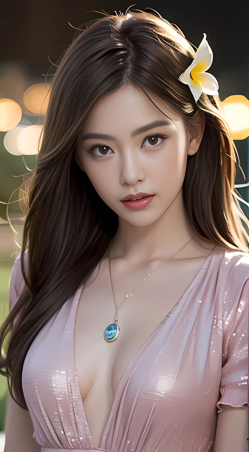 ((Realistic Lighting、The Highest Quality、8K、master masterpiece:1.3))、Clear Focus:1.2、1人の女の子、Perfect Body Beauty:1.4、Slim abs:1.1、total body、((darkbrown hair、big,,:1.3))、(Acceleration:1.4)、(out door、NIGHT:1.1)、View of Waikiki Beach、Slender face、fine eyes、Double Eyelid、poses of fashion models、Floating hair、Plumeria hair ornament、T‐shirt、Pendants、