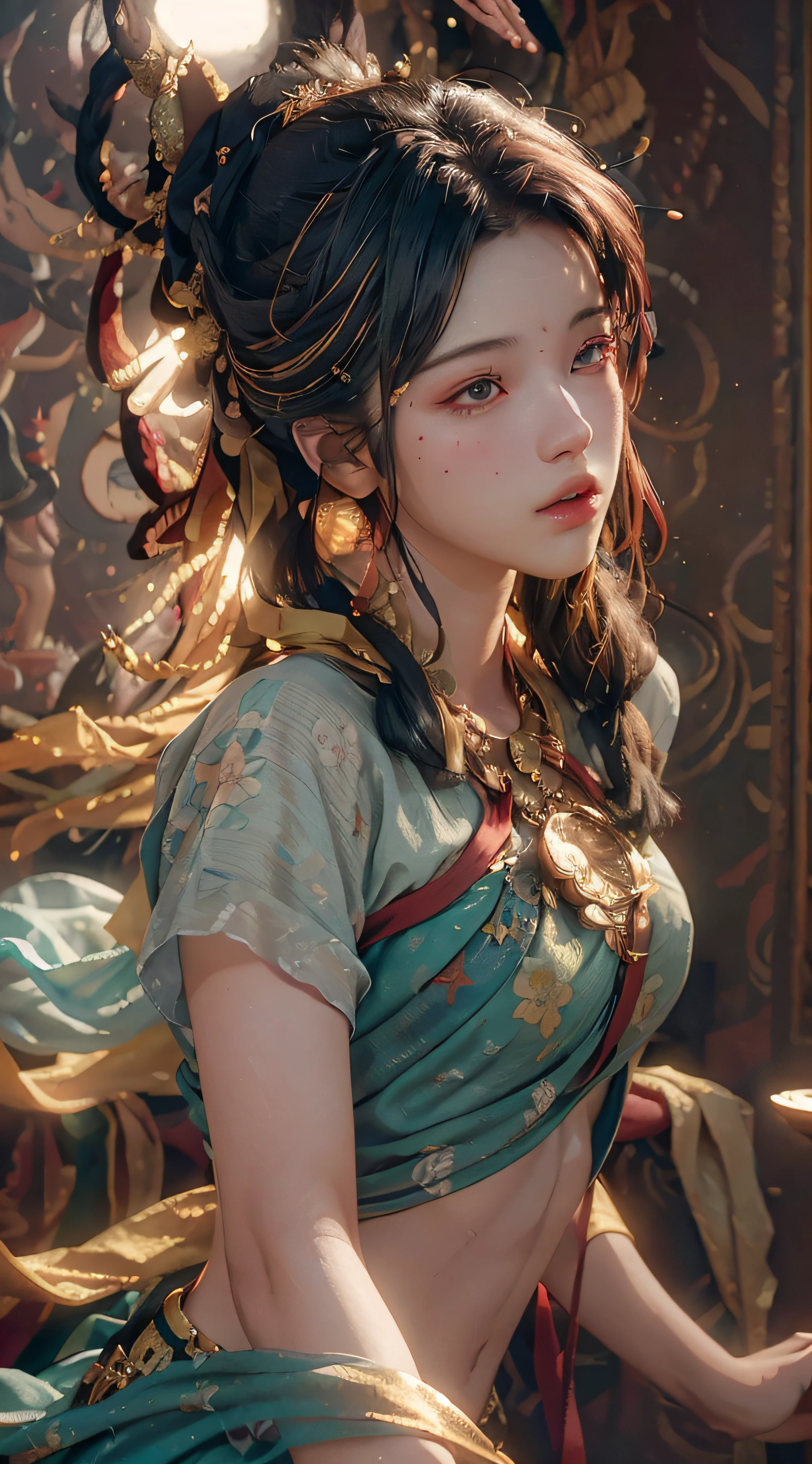 (RAW photo, best quality), (realistic, photo-realistic:1.3),best quality,highly detailed,masterpiece,ultra-detailed,illustration,1girl,upper_body,dynamic angle,world masterpiece theater,messy_long_hair,best quality,extremely detailed CG unity 8k wallpaper,ink,Amazing,cinematic lighting,lens_flare, dunhuang_style